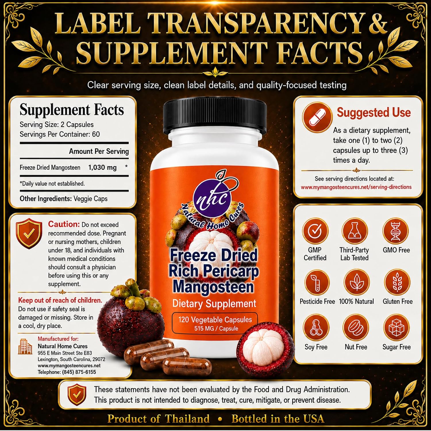 Natural Home Cures Mangostán Liofilizado en Cápsulas, 515 mg, 480 Cápsulas Veganas (4 Botellas)
