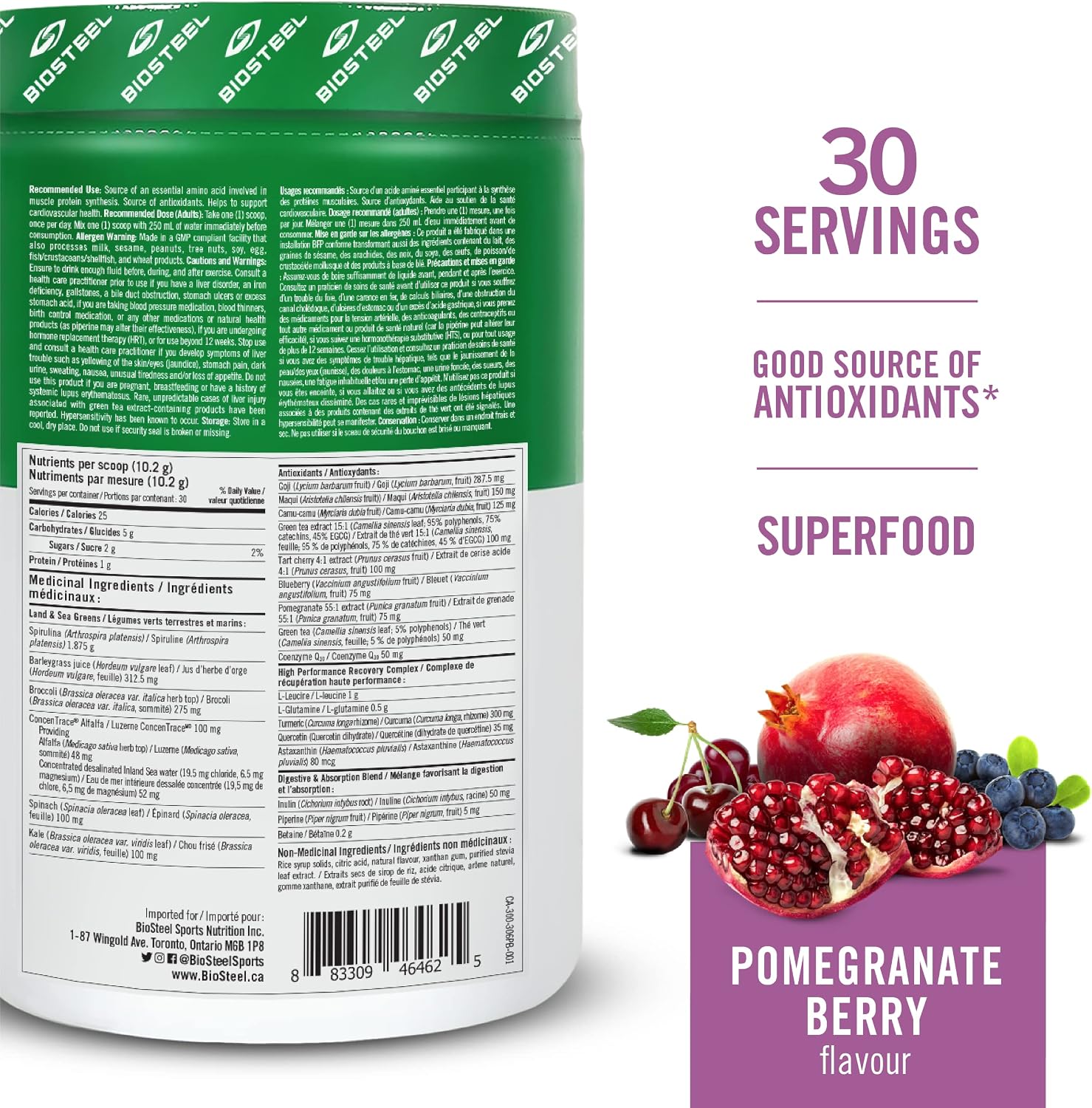 BIOSTEEL Sport Greens Powder, Superfood en Polvo de Alto Rendimiento, Fórmula No-GMO, Sabor Pomegranate Berry, 30 Servicios