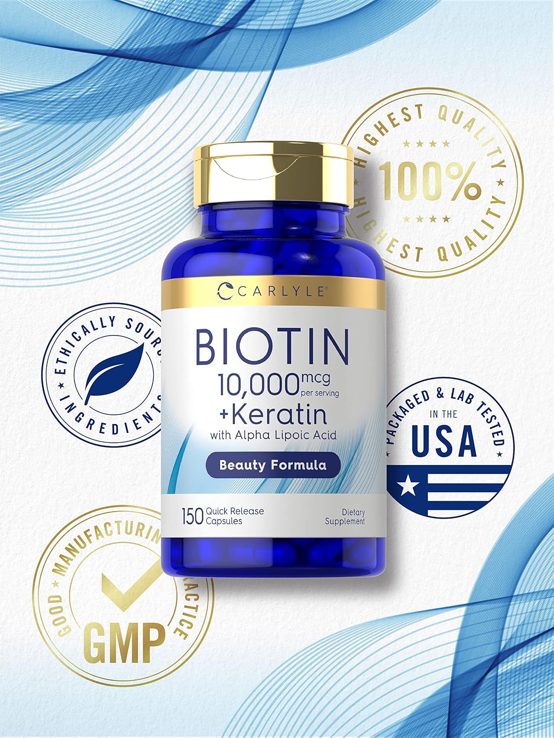 Carlyle Biotin 10000mcg | 150 Cápsulas | Fórmula de Belleza con Keratina | No Transgénico, Sin Gluten