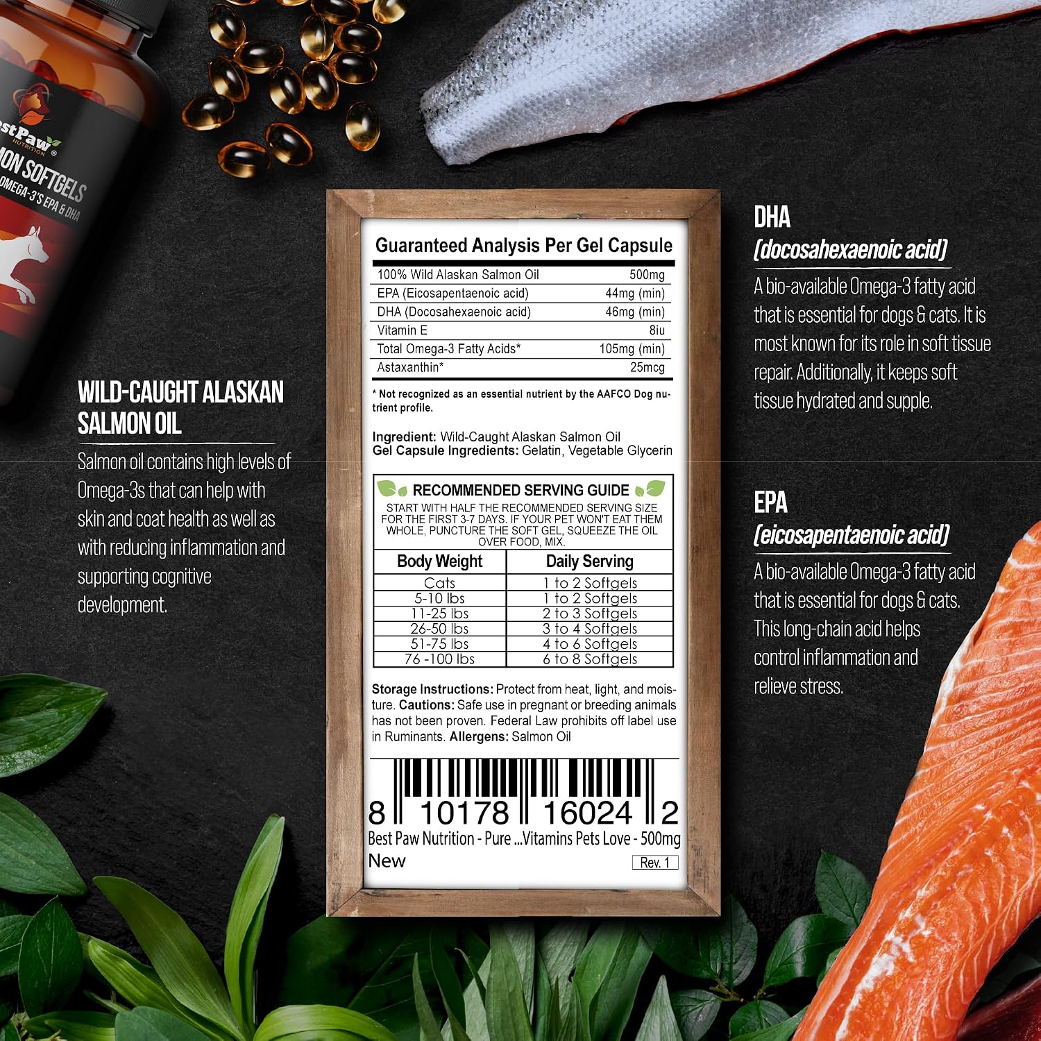 Aceite de Salmón Salvaje de Alaska para Perros y Gatos | Cápsulas Blandas de Aceite de Pescado Omega 3 | Piel y Pelaje, Articulaciones y Soporte Cardíaco | 500mg EPA DHA | 60 Unidades