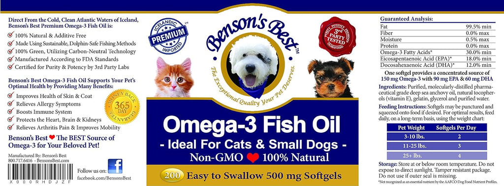 Benson's Best Omega 3 para Gatos y Perros Pequeños - 200 Cápsulas Blandas de 500mg