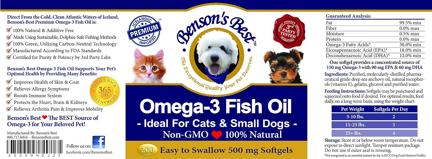 Benson's Best Omega 3 para Gatos y Perros Pequeños - 200 Cápsulas Blandas de 500mg