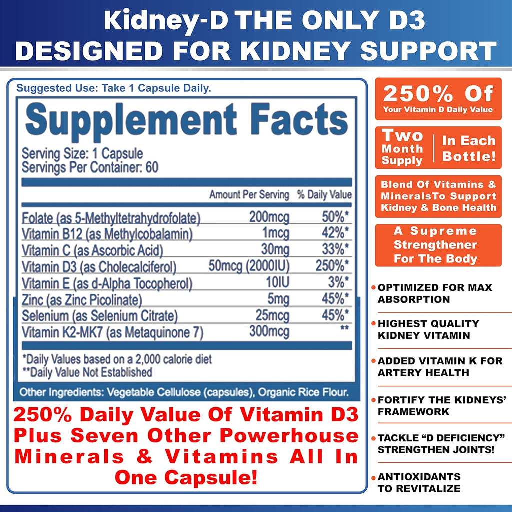 Kidney-D, Suplemento Renal con Vitamina D3 Optimizado para la Salud de los Riñones