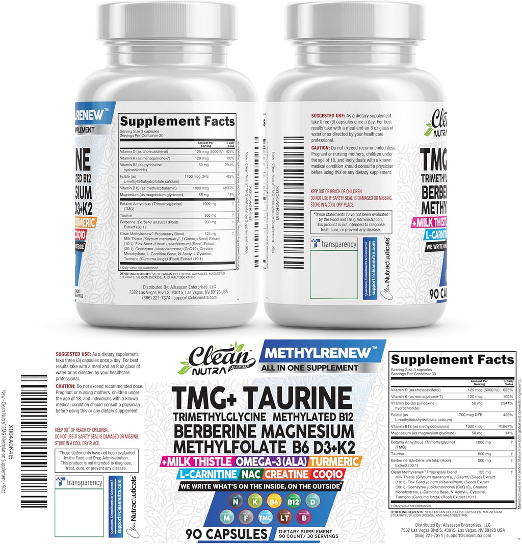 Clean Nutra TMG 1000mg - Multivitamínico Metilado para Mujeres y Hombres