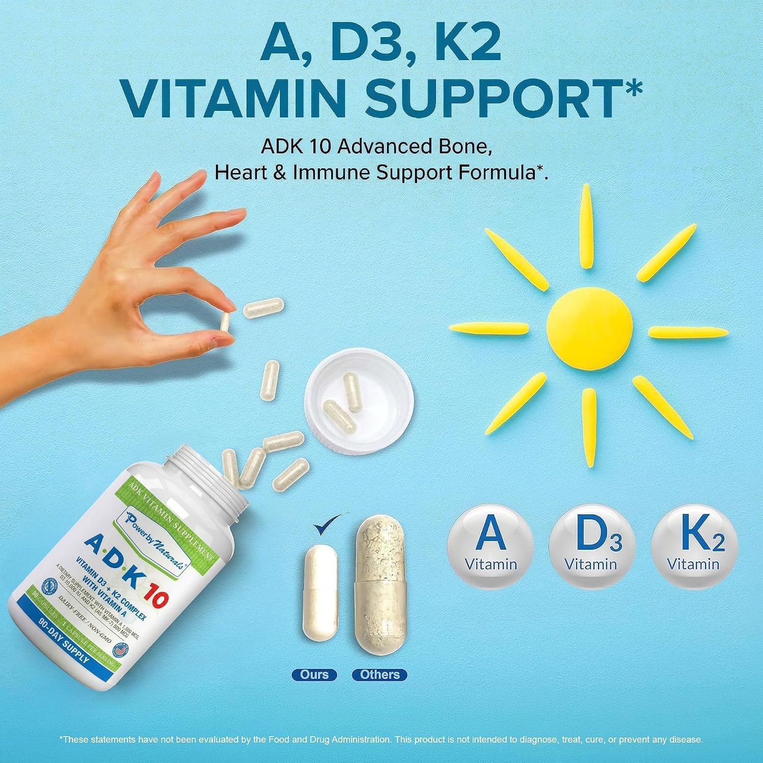 Power By Naturals ADK Vitamin Supplement – Vitaminas A, D3 (250 mcg) y K2 MK-7 – 180 Cápsulas (2 Paquetes, 6 Meses)
