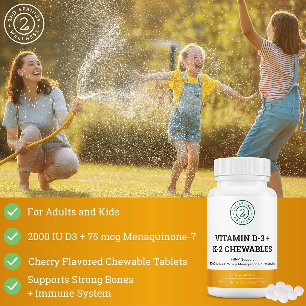 Vitamina D3 + K2 Masticables Sabor Cereza | 2000 UI Vitamina D, MK7 K2 (Menaquinona-7), Comprimidos para Adultos y Niños