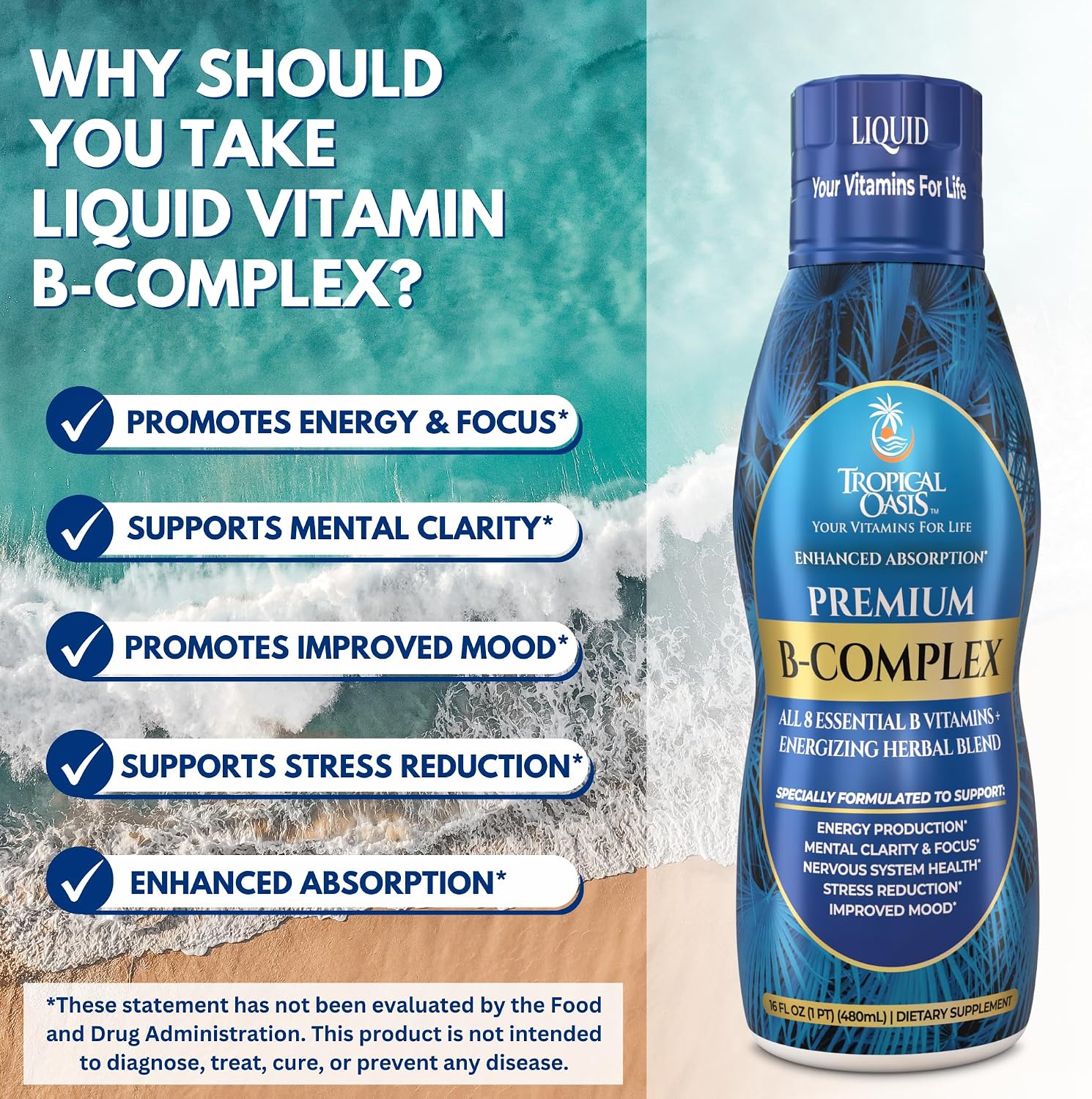 Tropical Oasis Premium Liquid B Complex with Energy Herbs - Fast Absorbing Liquid Supplement with All 8 B Vitamins - 473 ml, 32 Servings