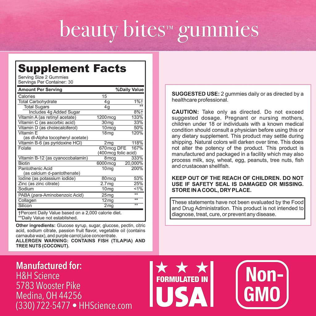 Beauty Bites Gominolas de Biotina - Suplemento para Cabello, Piel y Uñas con 6000 mcg de Biotina, Colágeno y Vitaminas - Sabor a Maracuyá