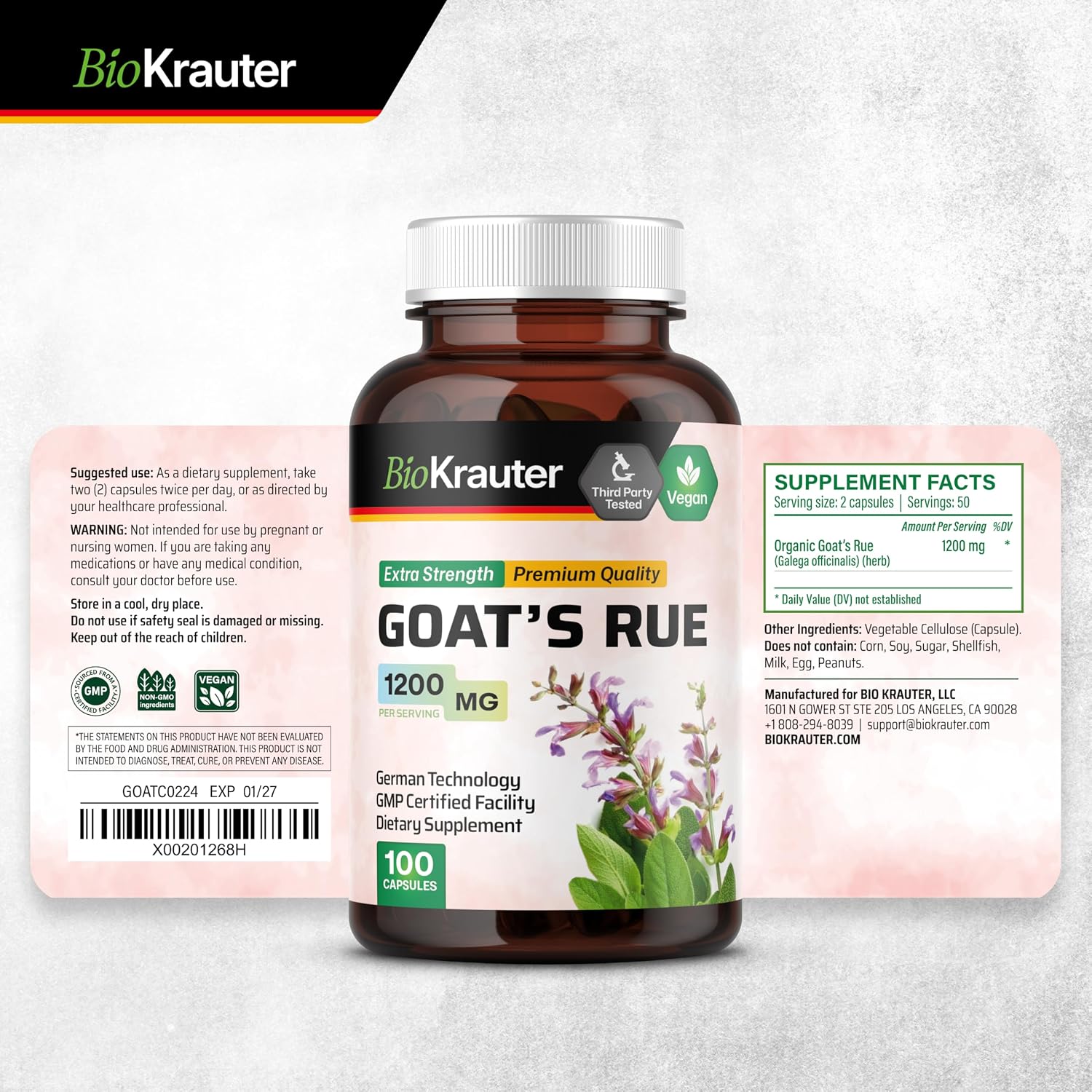 BIO KRAUTER® Ruda Cabruna para la Lactancia - Suplemento Vegano - 100 Cápsulas - 1200 mg por Ración - Sin Rellenos, No Transgénico