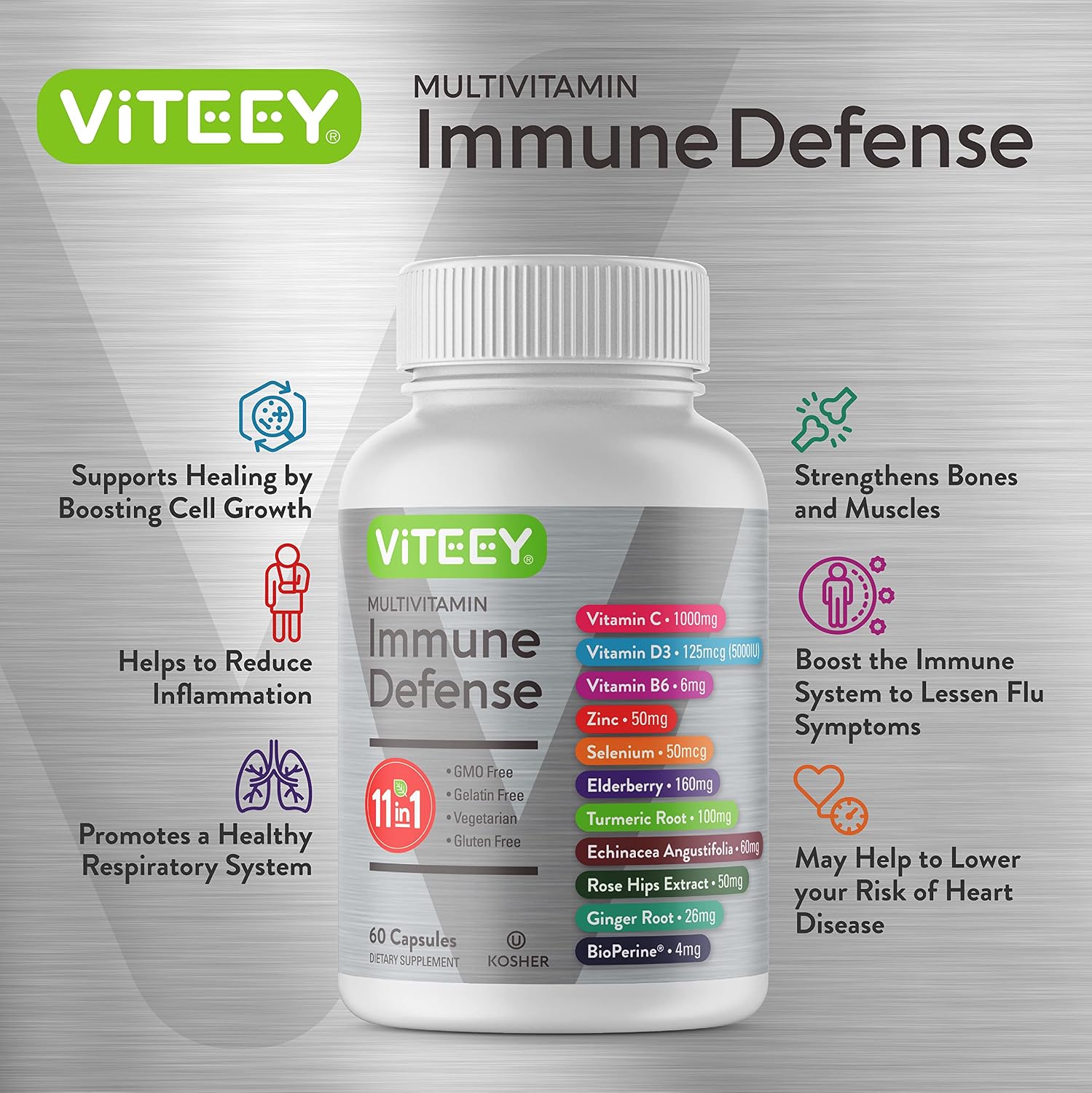 Viteey 11 en 1 Complejo Inmunológico con Vitamina D3, C, Zinc y Equinácea - 120 Cápsulas