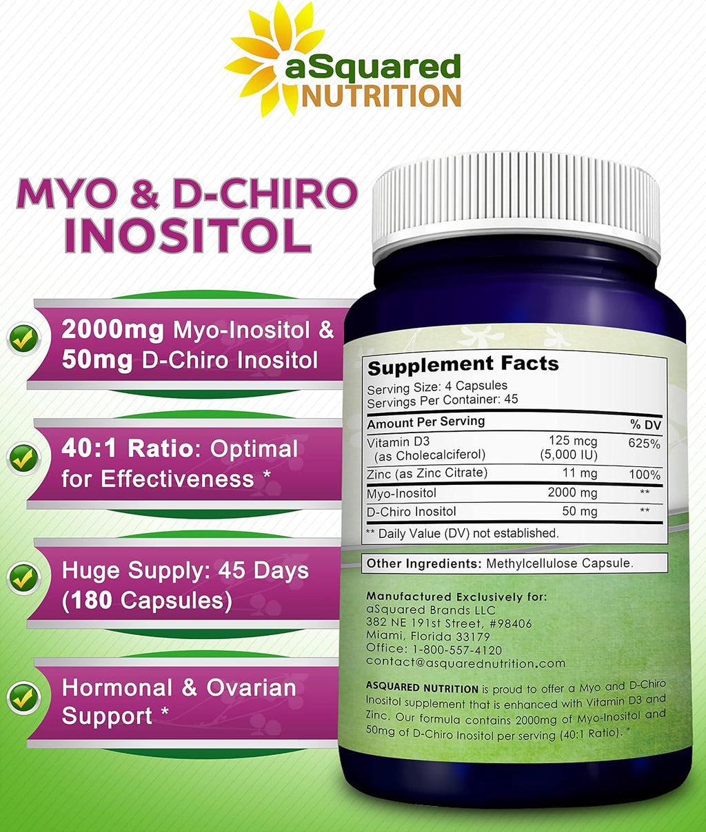 aSquared Nutrition Myo-Inositol & D-Chiro Inositol 40:1 con Vitamina D3 y Zinc - 180 Cápsulas