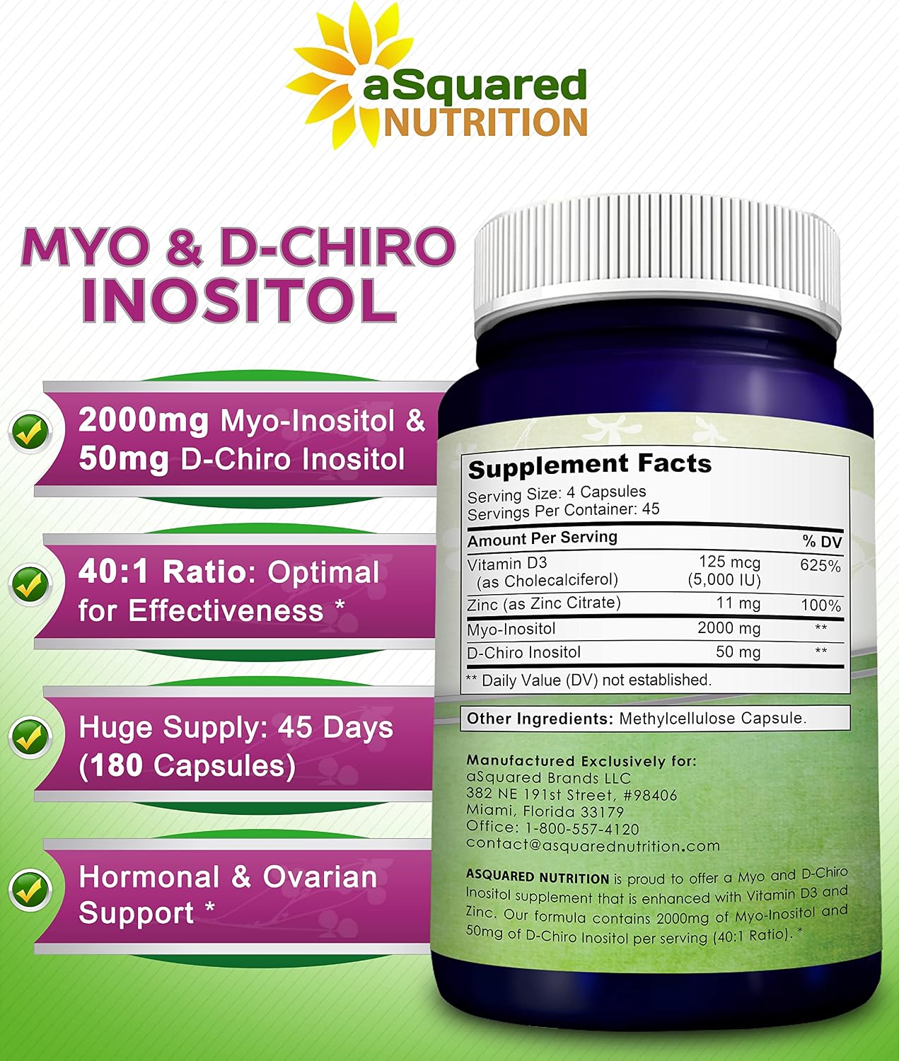 aSquared Nutrition Myo-Inositol & D-Chiro Inositol 40:1 con Vitamina D3 y Zinc - 180 Cápsulas