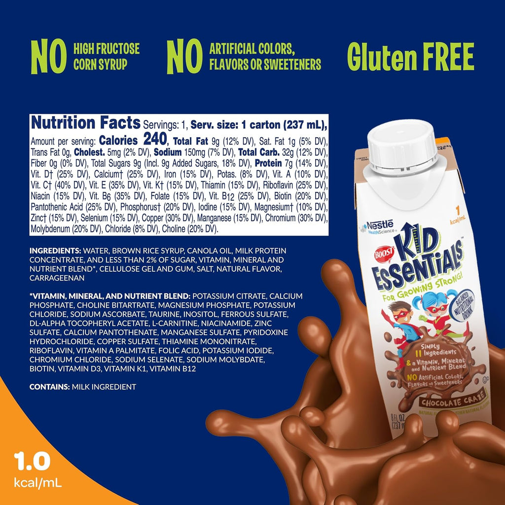 BOOST Kid Essentials Bebida Nutricional Equilibrada 1.0 kcal, Sabor Chocolate, 8 fl oz (Pack de 24)