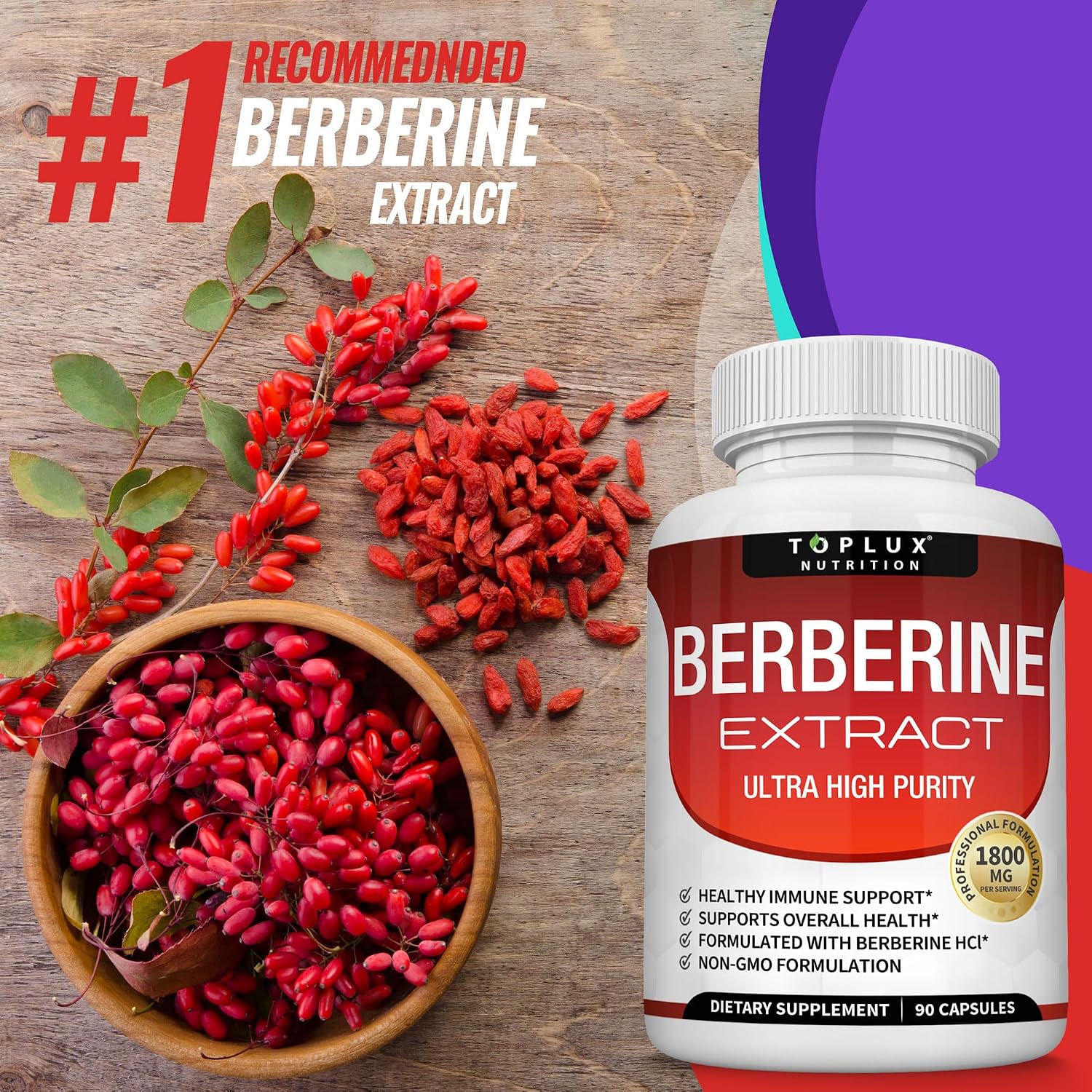 Toplux Berberine 1800mg - Berberina HCL 97% Pureza - 90 Cápsulas Veganas