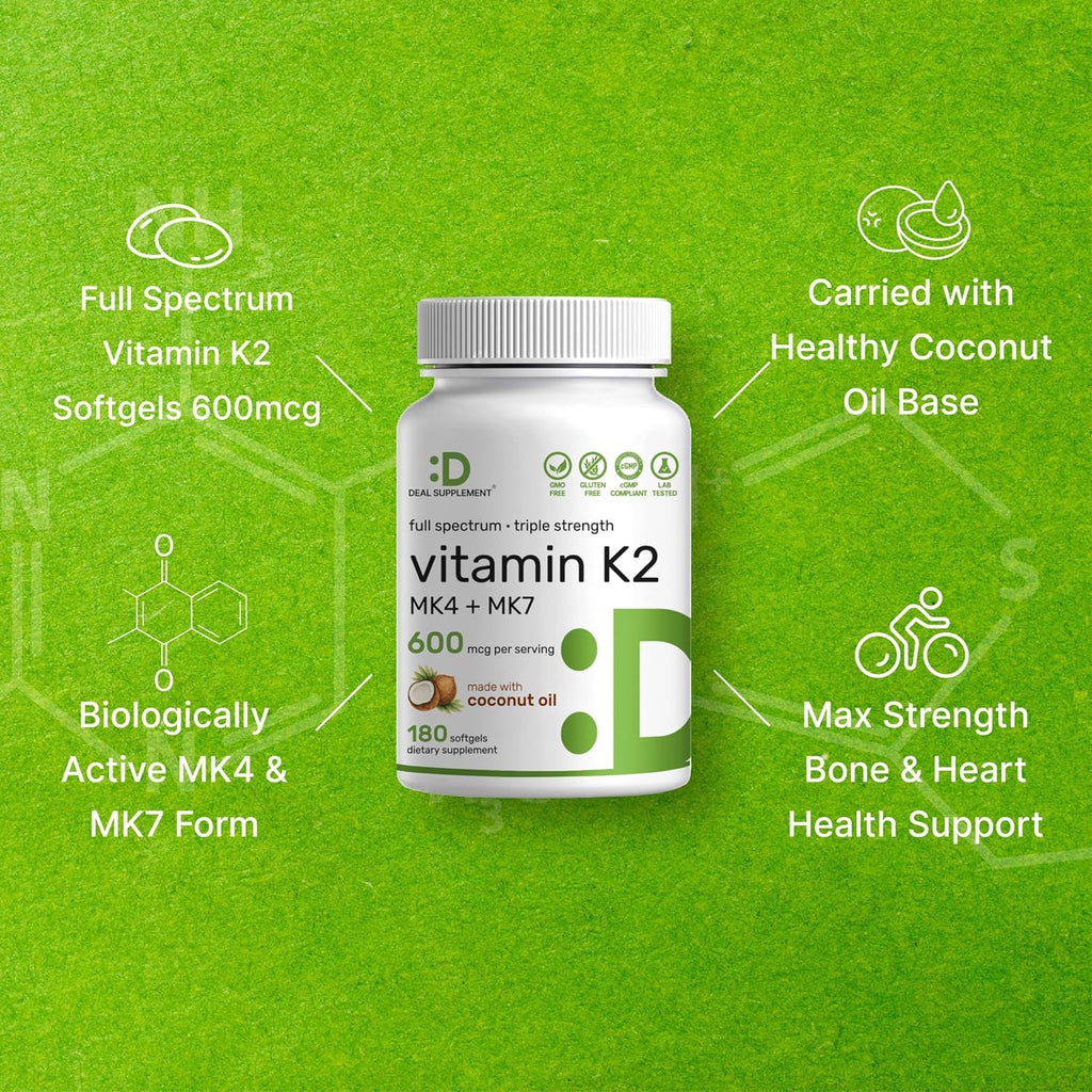 Vitamina K2 600mcg con MK-7 y MK-4, 180 Cápsulas de Aceite de Coco
