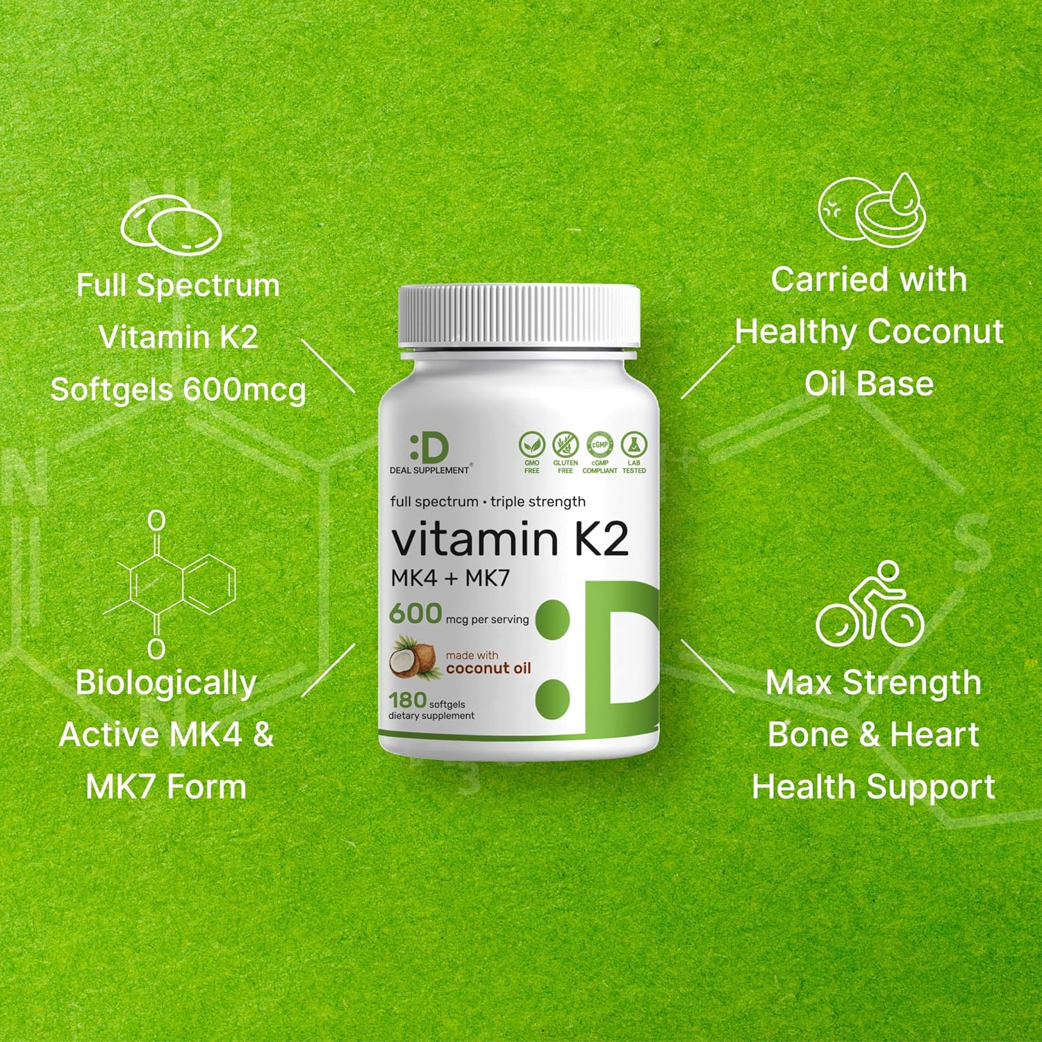 Vitamina K2 600mcg con MK-7 y MK-4, 180 Cápsulas de Aceite de Coco