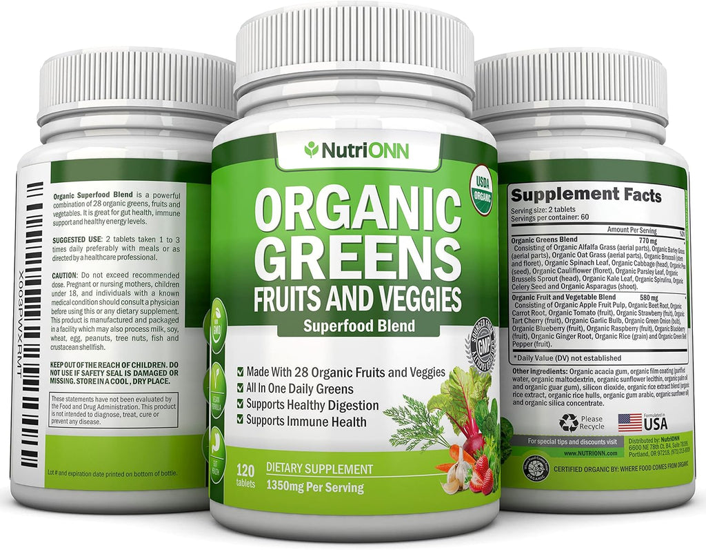 Cápsulas Orgánicas de Super Greens - NutriONN - 120 Cápsulas