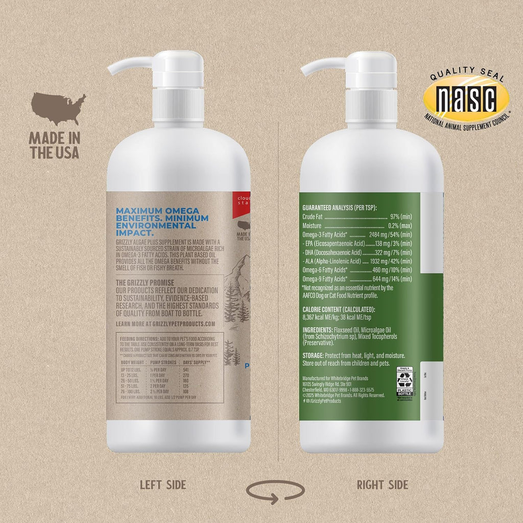 Grizzly Pet Products Algal Plus Omega 3-6-9 Suplemento para Perros y Gatos, 946 ml