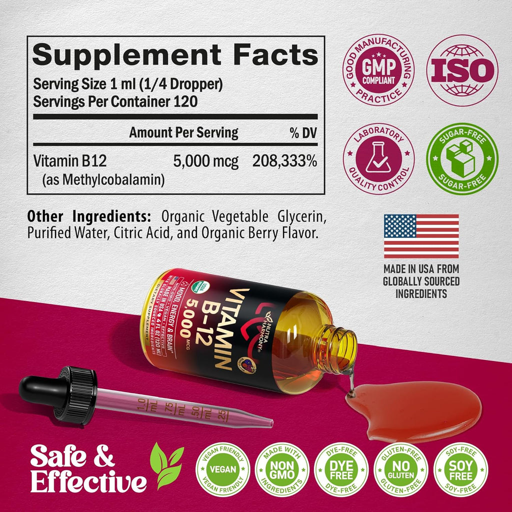 Vitamina B12 Sublingual Orgánica 5000 mcg - Metilcobalamina Líquida Vegana