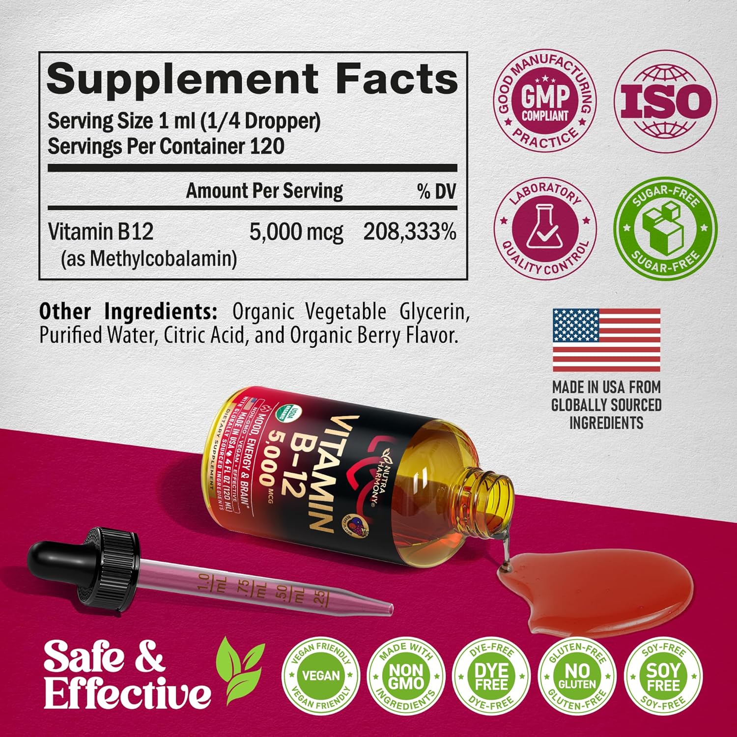 Vitamina B12 Sublingual Orgánica 5000 mcg - Metilcobalamina Líquida Vegana