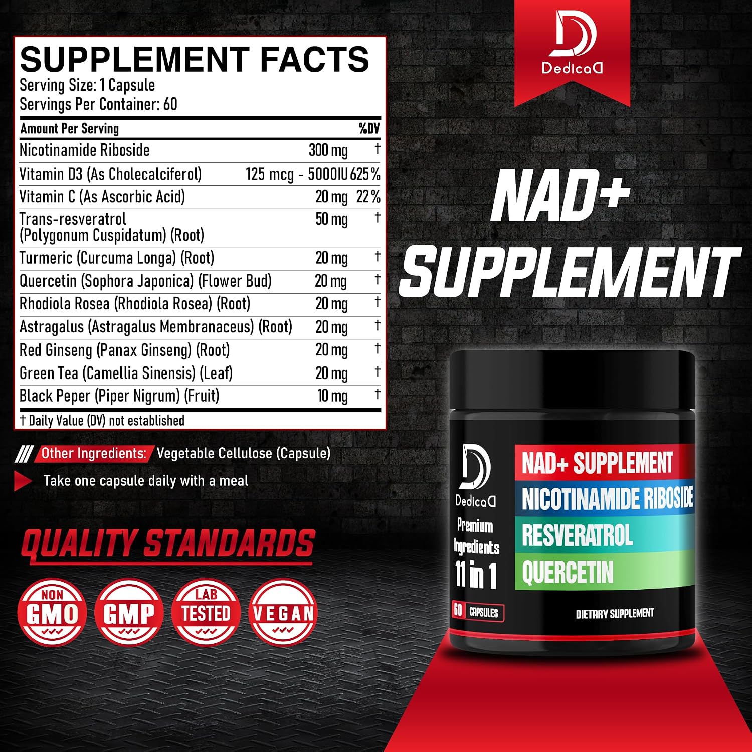 DEDICAD 11in1 NAD Supplement - Nicotinamida Ribósido, Quercetina, Resveratrol y 8 Más - 60 Cápsulas (2 Meses)