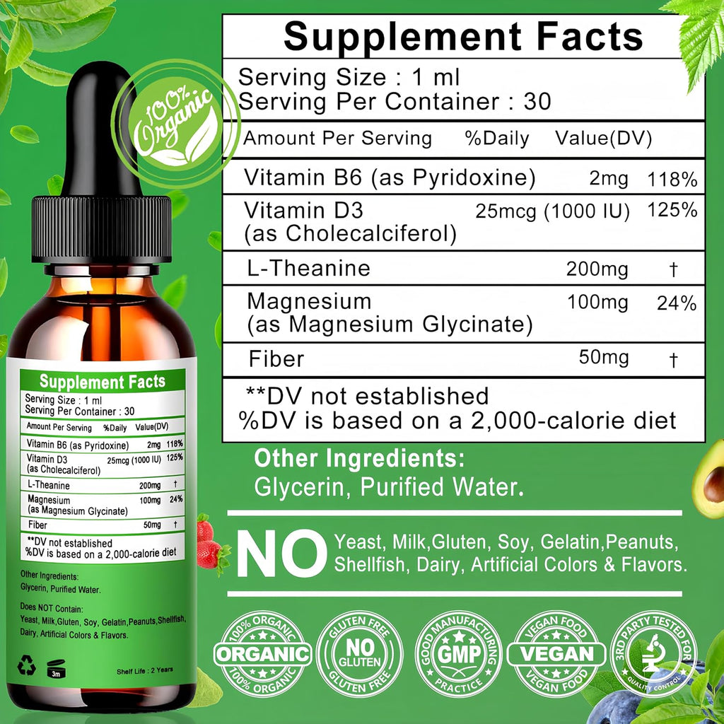 Vita letuo L-Theanine Drops 200mg con Magnesio Glicinato, Vitaminas y Fibra – Suplemento Líquido para la Relaxación y el Sueño