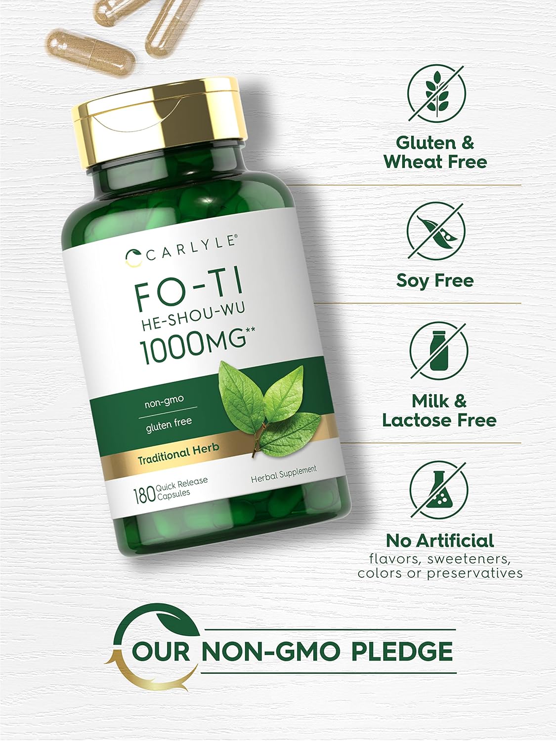 Carlyle Suplemento de Fo-Ti | 180 Cápsulas | Extracto de Raíz de He-Shou-Wu | No OGM y Sin Gluten