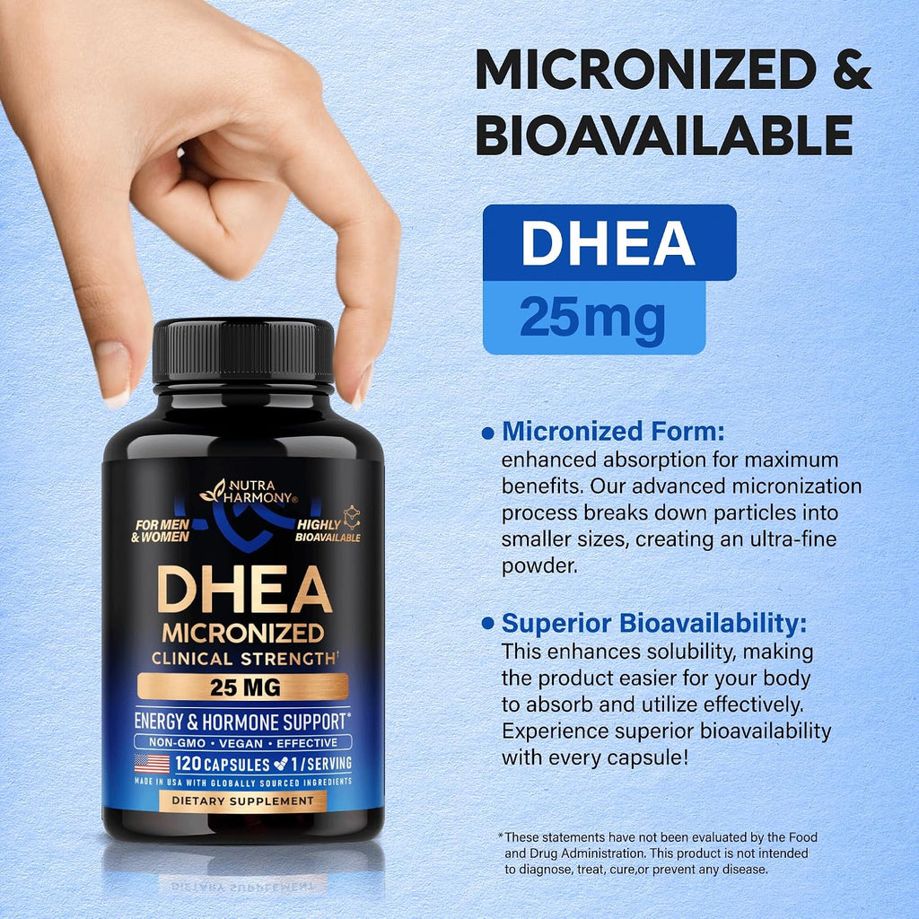 DHEA 25mg Micronizado - Suplemento Hormonal para Mujeres y Hombres - 120 Cápsulas Veganas