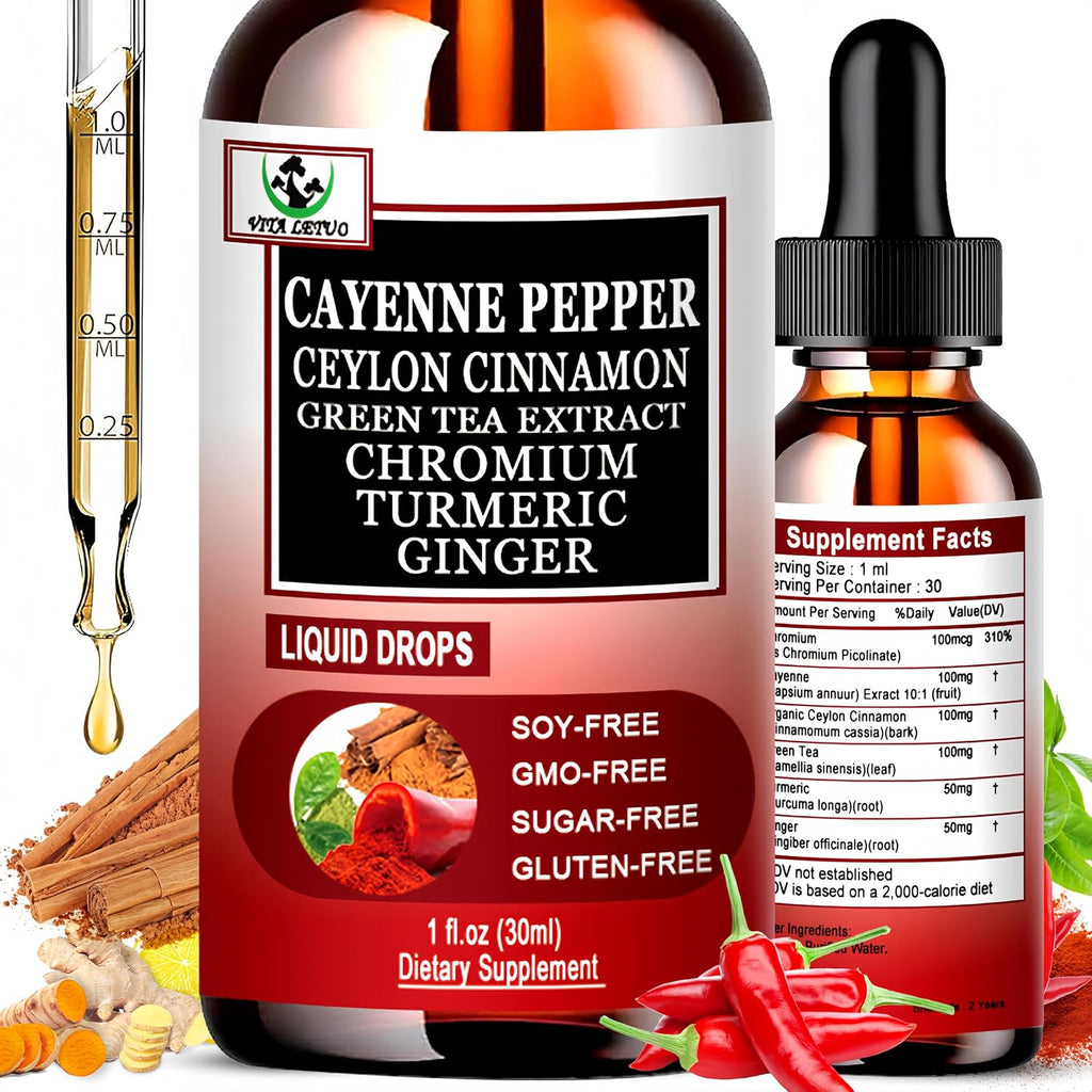 Gotas de Pimienta de Cayena 6 en 1, Alta Absorción - Suplemento Líquido con Canela de Ceilán, Extracto de Té Verde, Cúrcuma y Jengibre