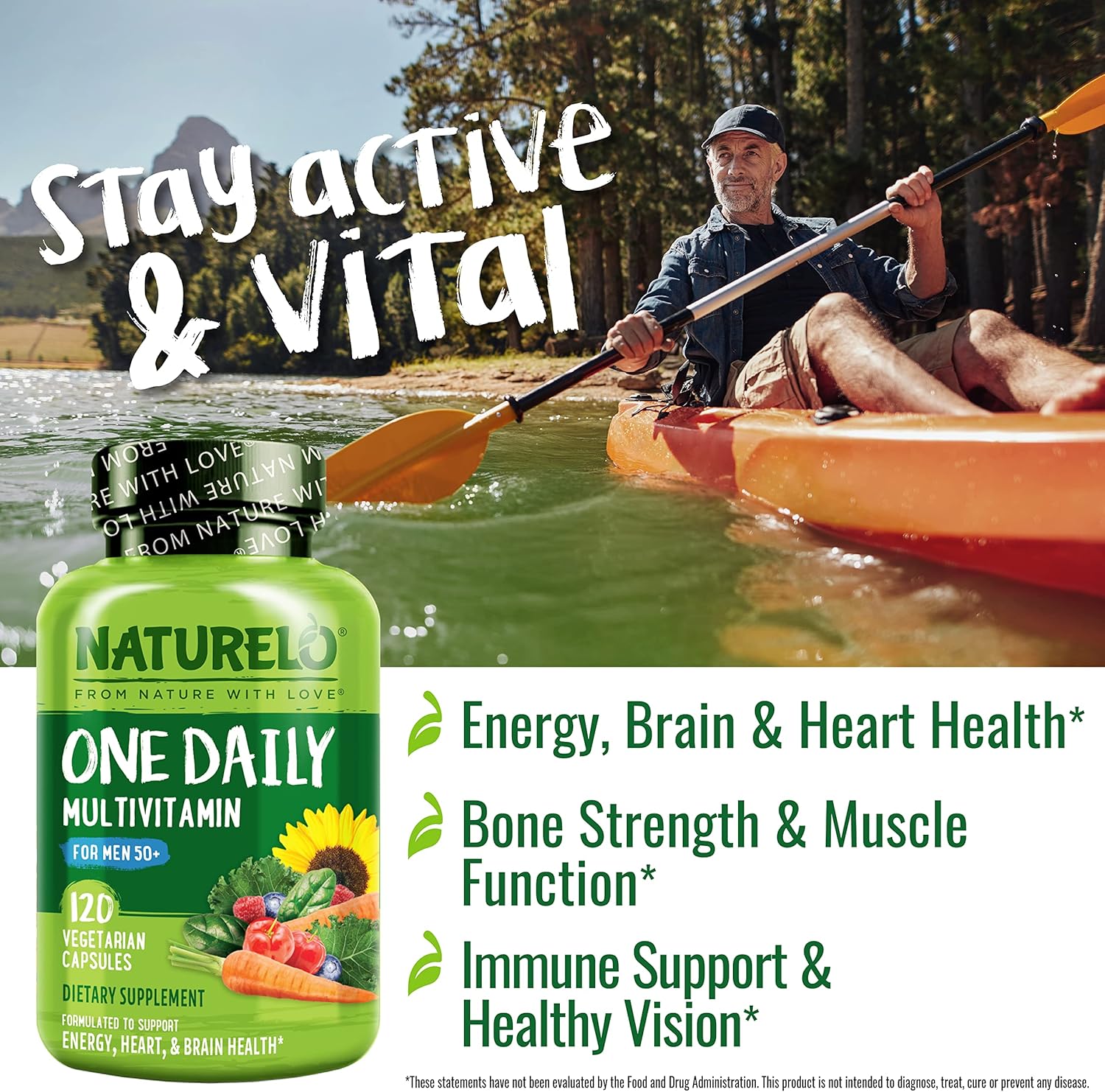 NATURELO Multivitamínico para Hombres 50+ - Complejo Diario con Vitaminas, Minerales y Alimentos Orgánicos, 120 Cápsulas Vegetales