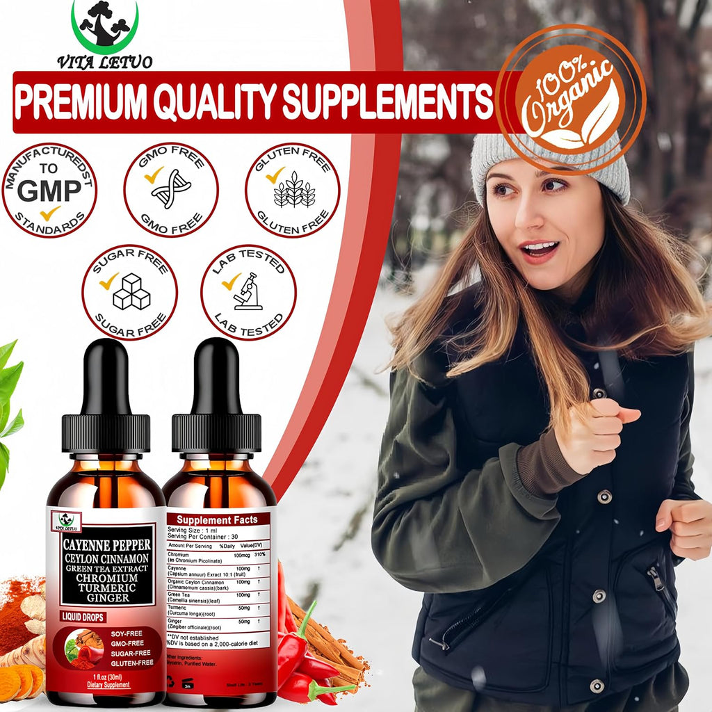Gotas de Pimienta de Cayena 6 en 1, Alta Absorción - Suplemento Líquido con Canela de Ceilán, Extracto de Té Verde, Cúrcuma y Jengibre