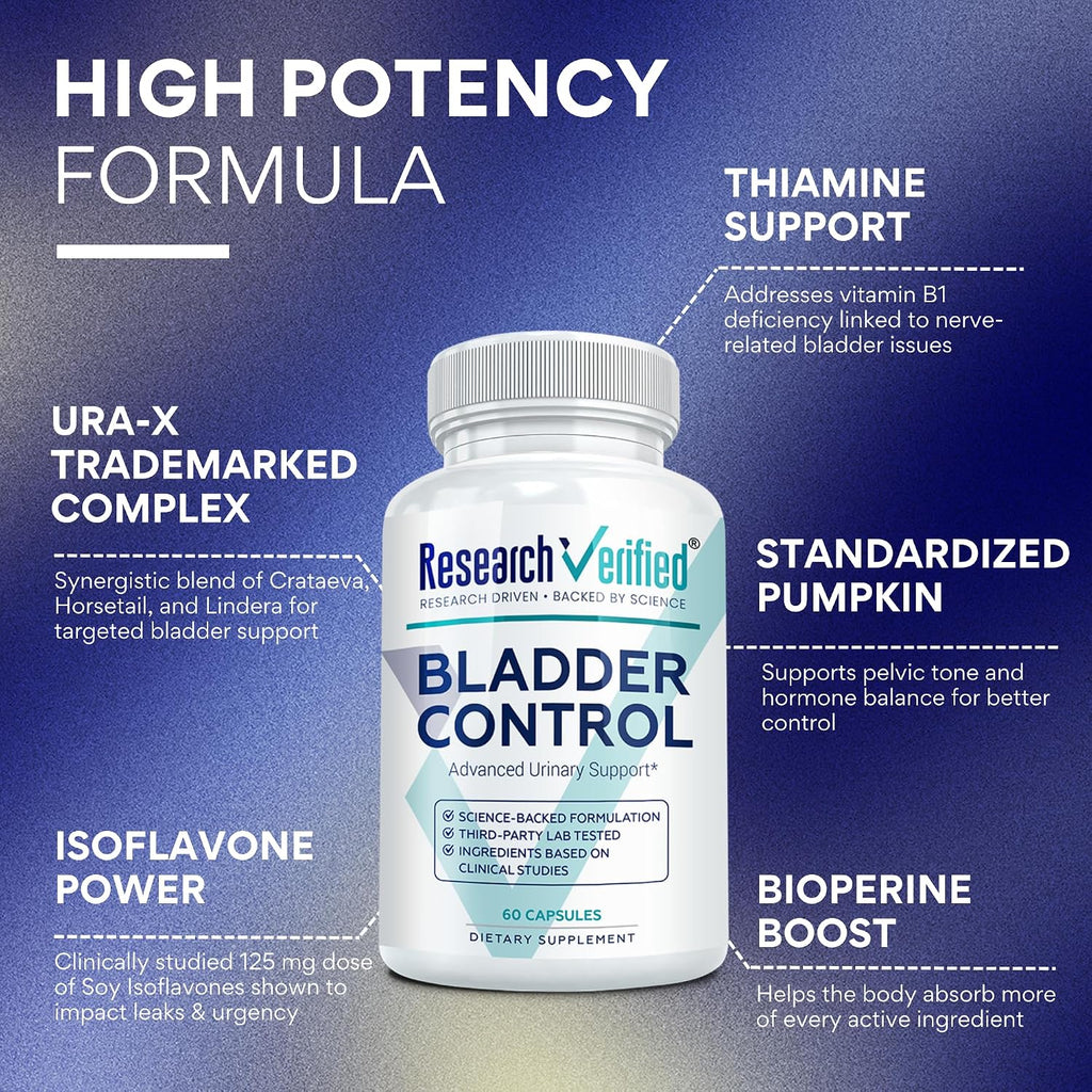 Research Verified Bladder Control - Control de Vejiga para Mujeres 50+ - Semilla de Calabaza, Isoflavonas de Soja, Tiamina - 60 Cápsulas Veganas - Pack de 3