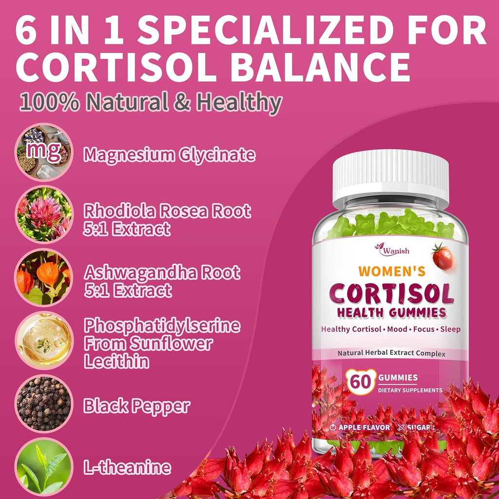 Gominolas de Cortisol para Mujer - Con Ashwagandha y Rhodiola Rosea - 120 Gominolas Veganas Sabor Manzana