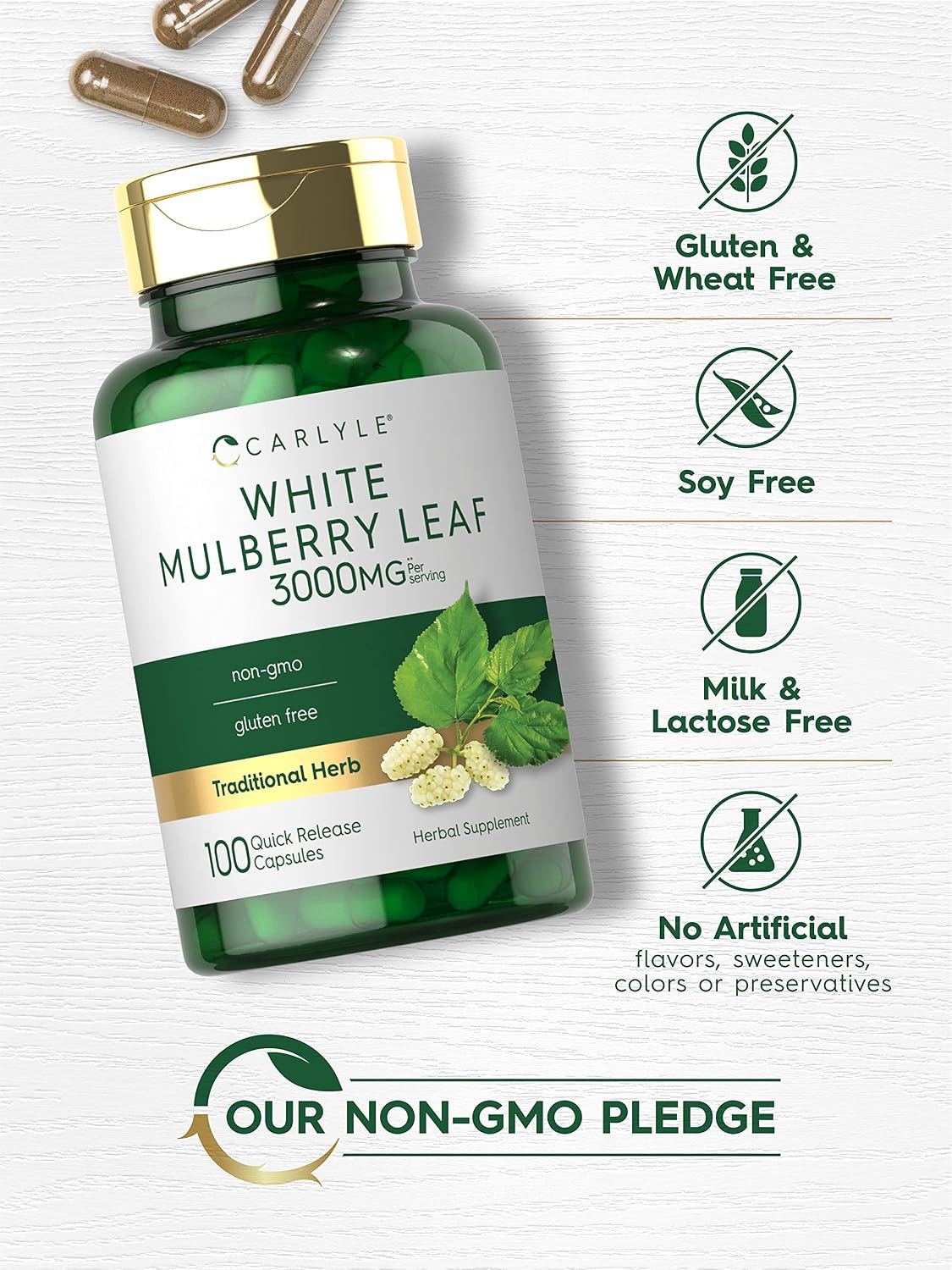 Carlyle Extracto de Hoja de Morera | 100 Cápsulas | Suplemento Herbal No-GMO y Sin Gluten