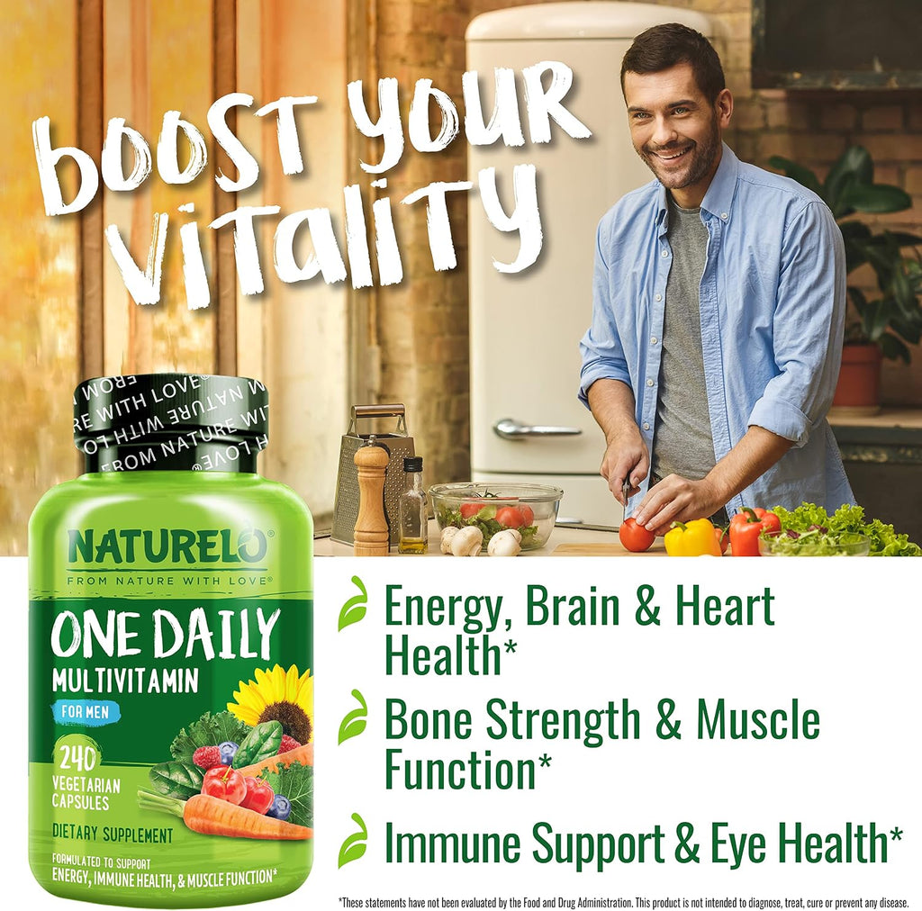 NATURELO Multivitamínico Diario para Hombres con Vitaminas, Minerales y Alimentos Integrales Orgánicos - 240 Cápsulas Vegetarianas