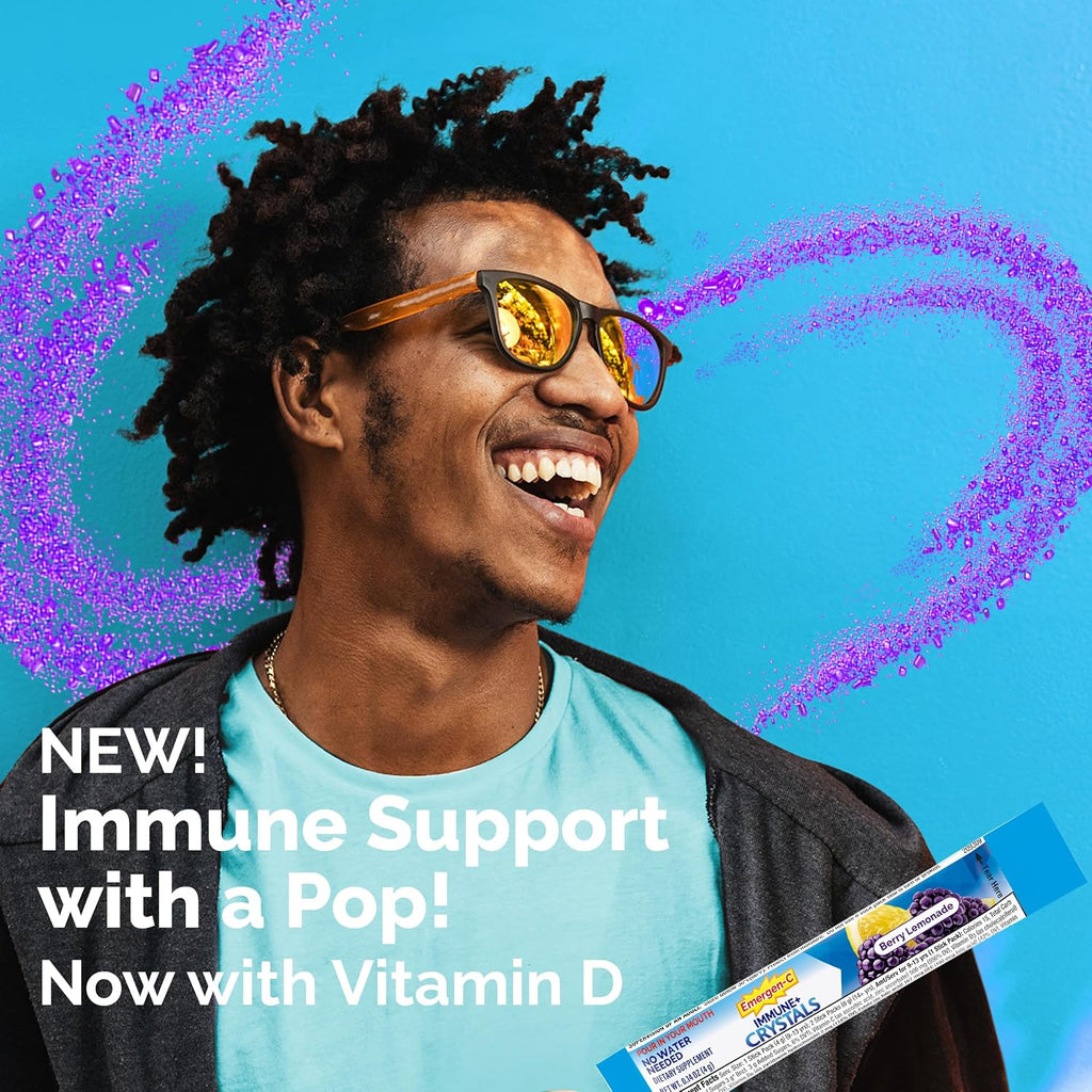 Emergen-C Immune Plus Crystals - Suplemento Inmunológico con Vitamina C, D, Zinc y Vitaminas B - 28 Sticks - Sabor Berry Lemonade