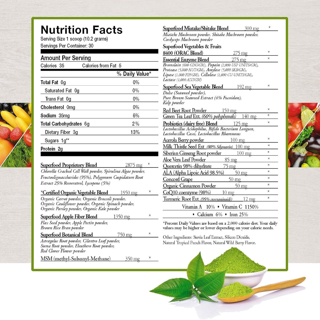 Vital First Daily Greens - Mezcla de Superalimentos con Vegetales Orgánicos y Enzimas - Sabor Tropical 306g