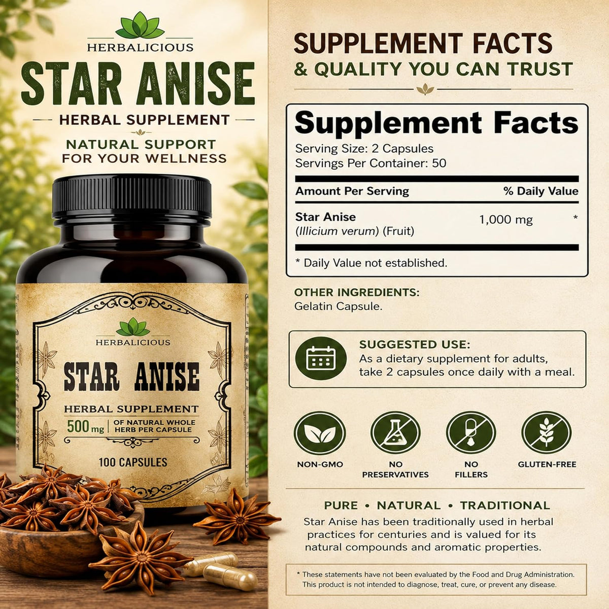 HERBALICIOUS Suplemento de Anís Estrellado Orgánico – 100 Cápsulas – 1000mg – Sin Rellenos ni Conservantes – Image 6