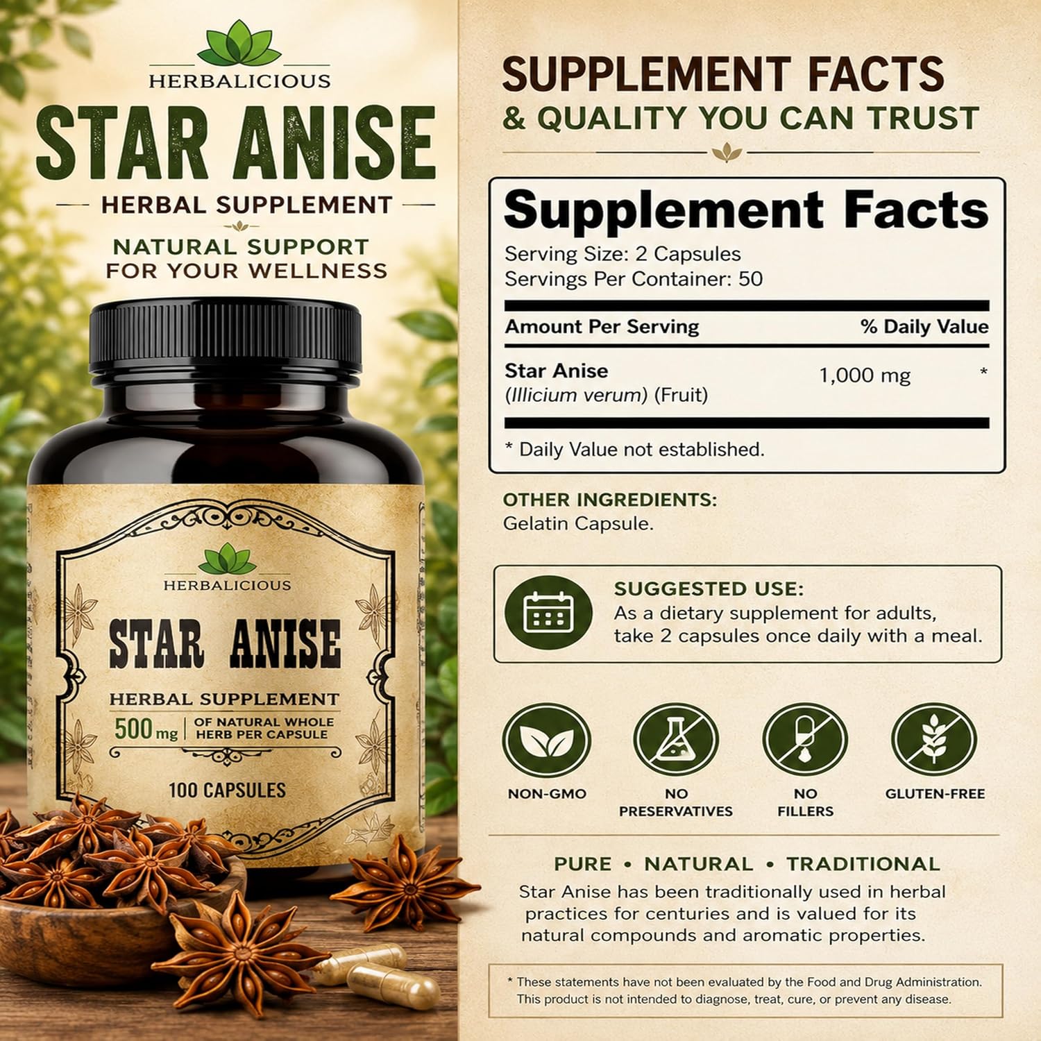 HERBALICIOUS Suplemento de Anís Estrellado Orgánico – 100 Cápsulas – 1000mg – Sin Rellenos ni Conservantes