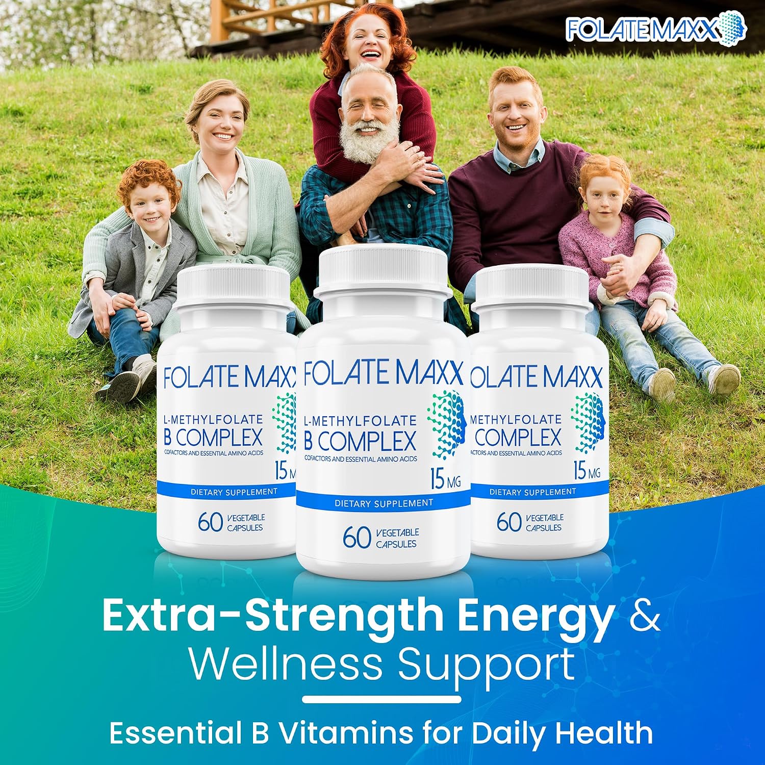 FOLATE MAXX L Metilfolato 15mg con Complejo B Activo – 60 Cápsulas – Alta Potencia 5-MTHF con Vitamina B6 y Metil B12 – 2 Meses de Suministro
