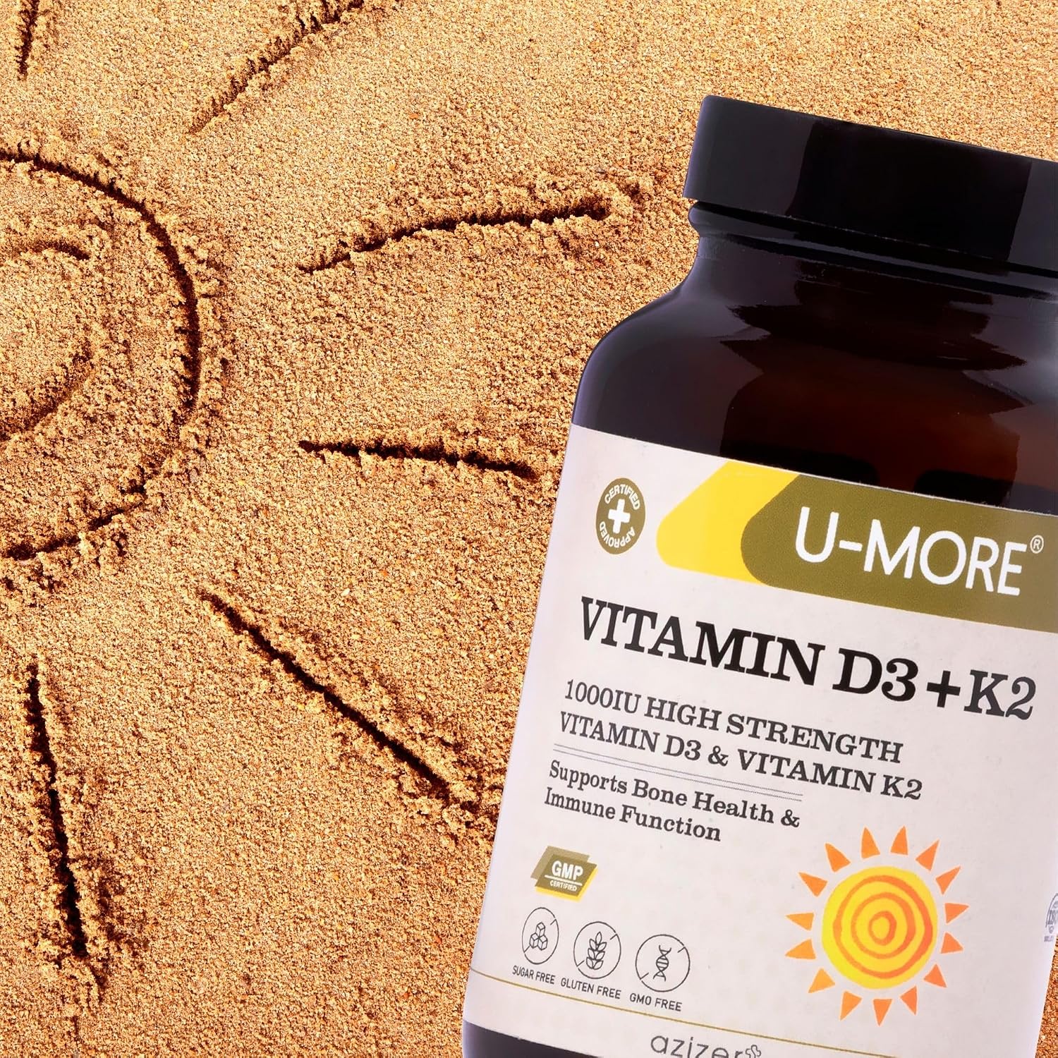 U-MORE - 1000 IU Vitamina D3 & K2 (Menaquinona 7) - Sin Azúcar - 60 Cápsulas Blandas