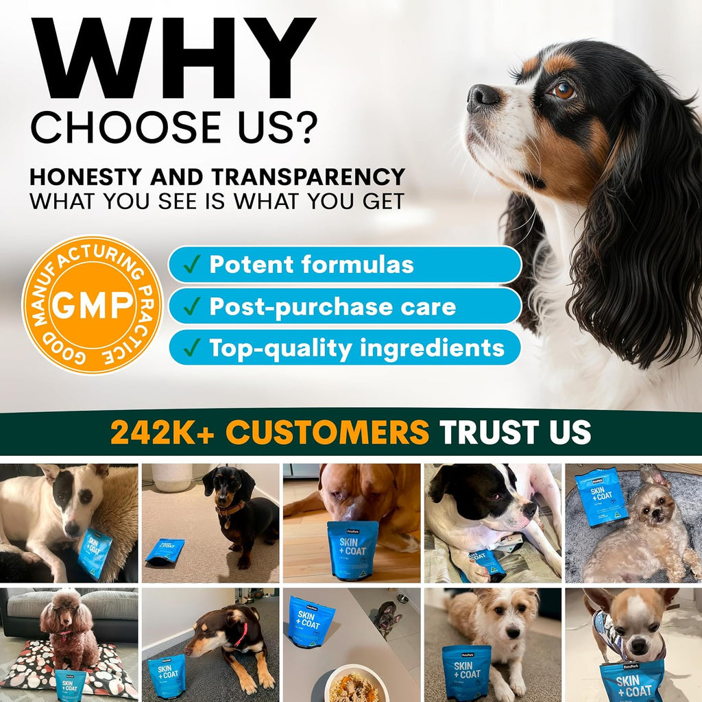 Petz Park Suplemento para Piel y Pelaje de Perro - 90 Dosis - Omega 3, Zinc y Biotina - Polvo para Perros