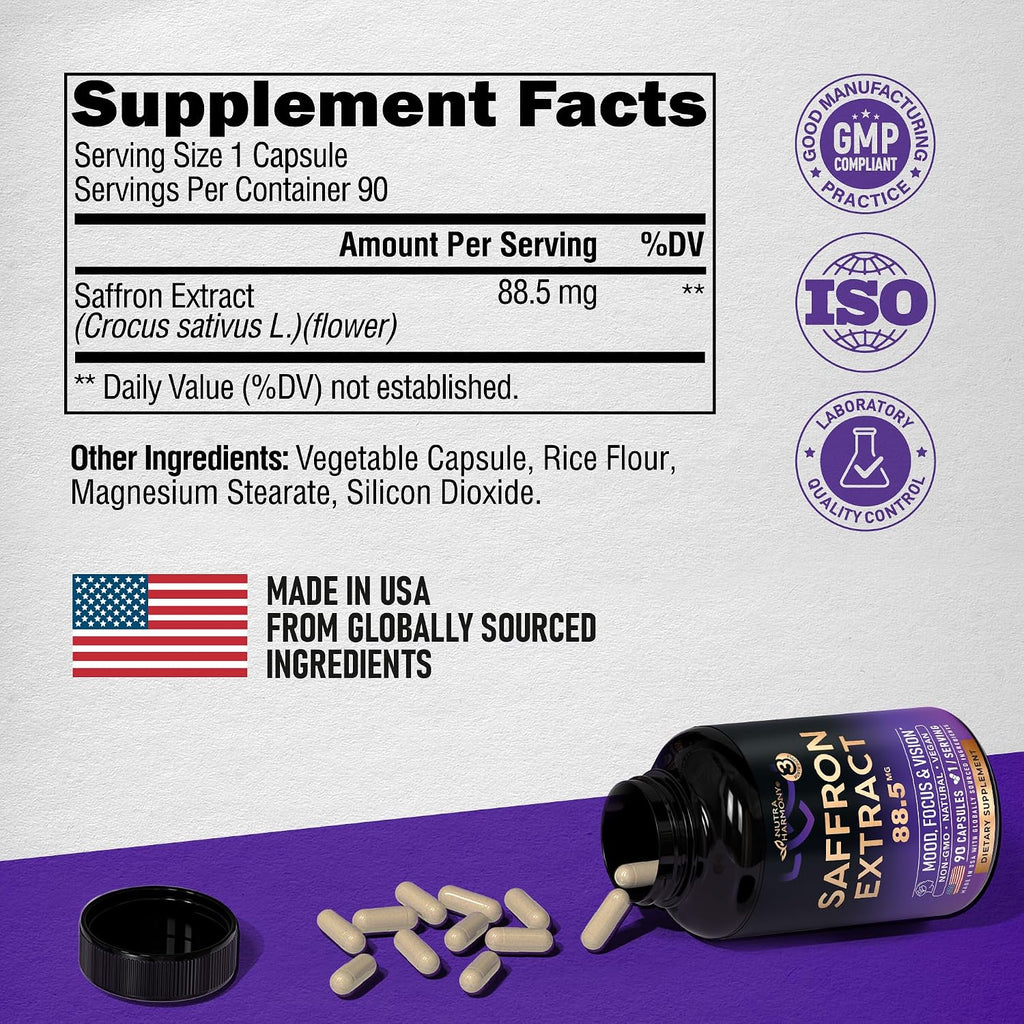 Extracto Puro de Azafrán 88.5 mg, 90 Cápsulas Veganas