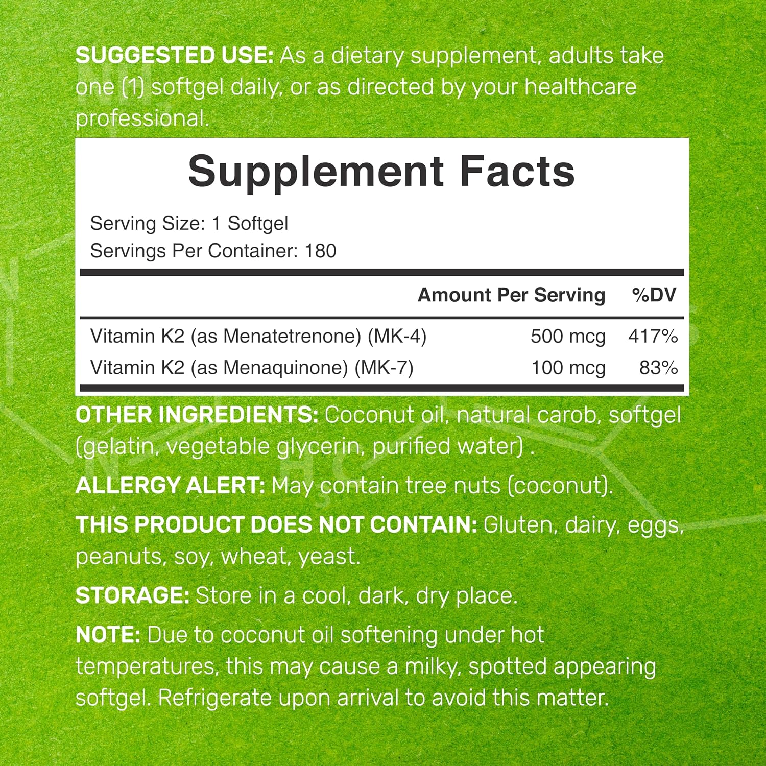 Vitamina K2 600mcg con MK-7 y MK-4, 180 Cápsulas de Aceite de Coco