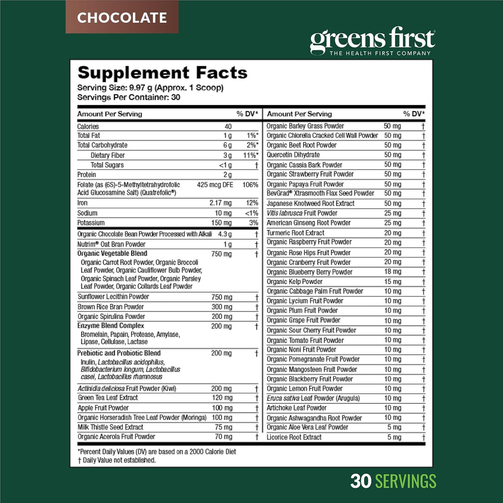 Greens First Original Greens Powder - 49 Superalimentos - Chocolate, 30 Porciones