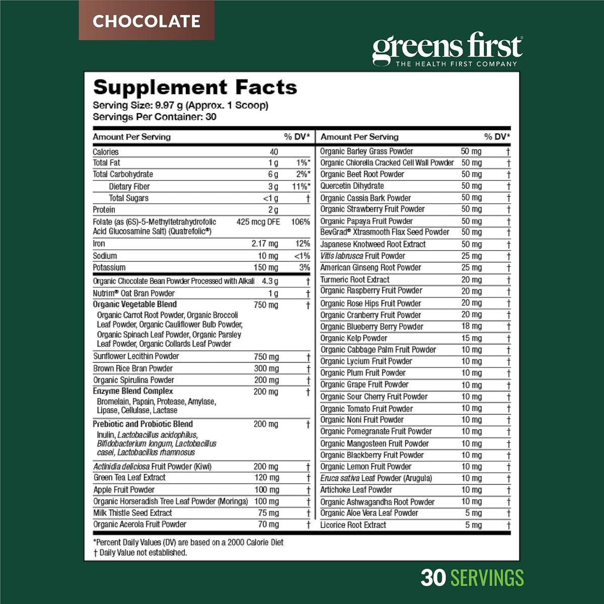 Greens First Original Greens Powder - 49 Superfoods - Chocolate, 30 Porciones – Image 9