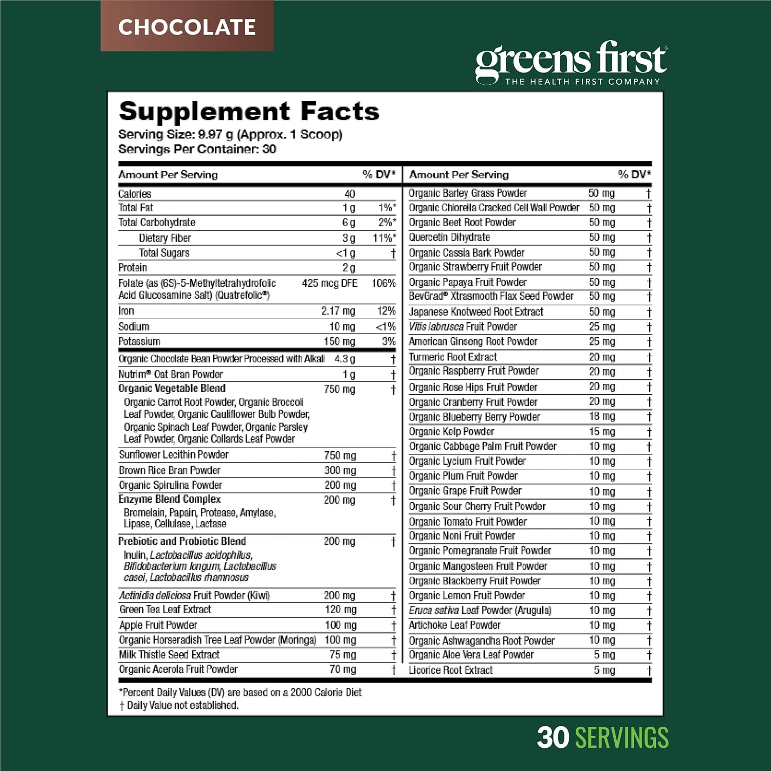Greens First Original Greens Powder - 49 Superalimentos - Chocolate, 30 Porciones