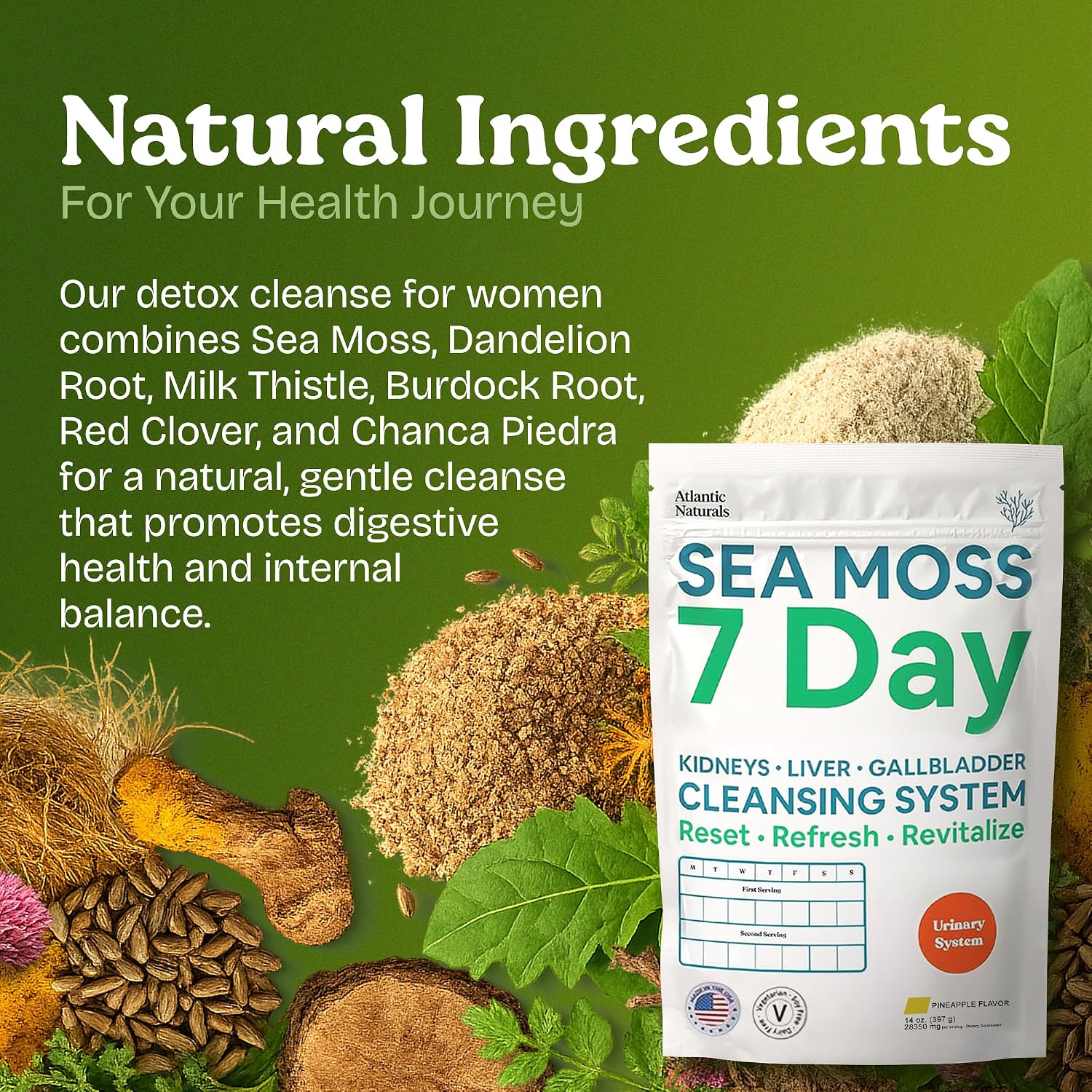 Atlantic Naturals Sea Moss 7 Day Detox - Depuración Natural de Hígado, Vesícula y Riñones - Sabor Piña (397g)