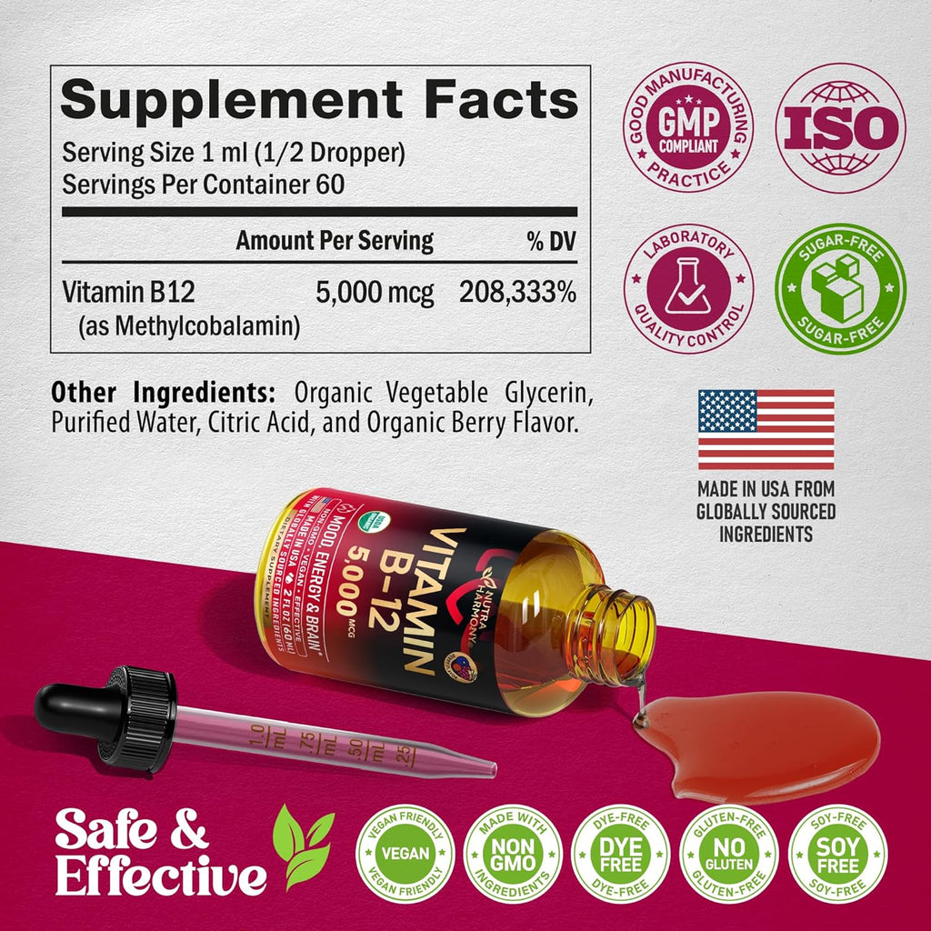 Vitamina B12 Orgánica Gotas Sublinguales - 5000 mcg Metilcobalamina Vegano - 60 ml