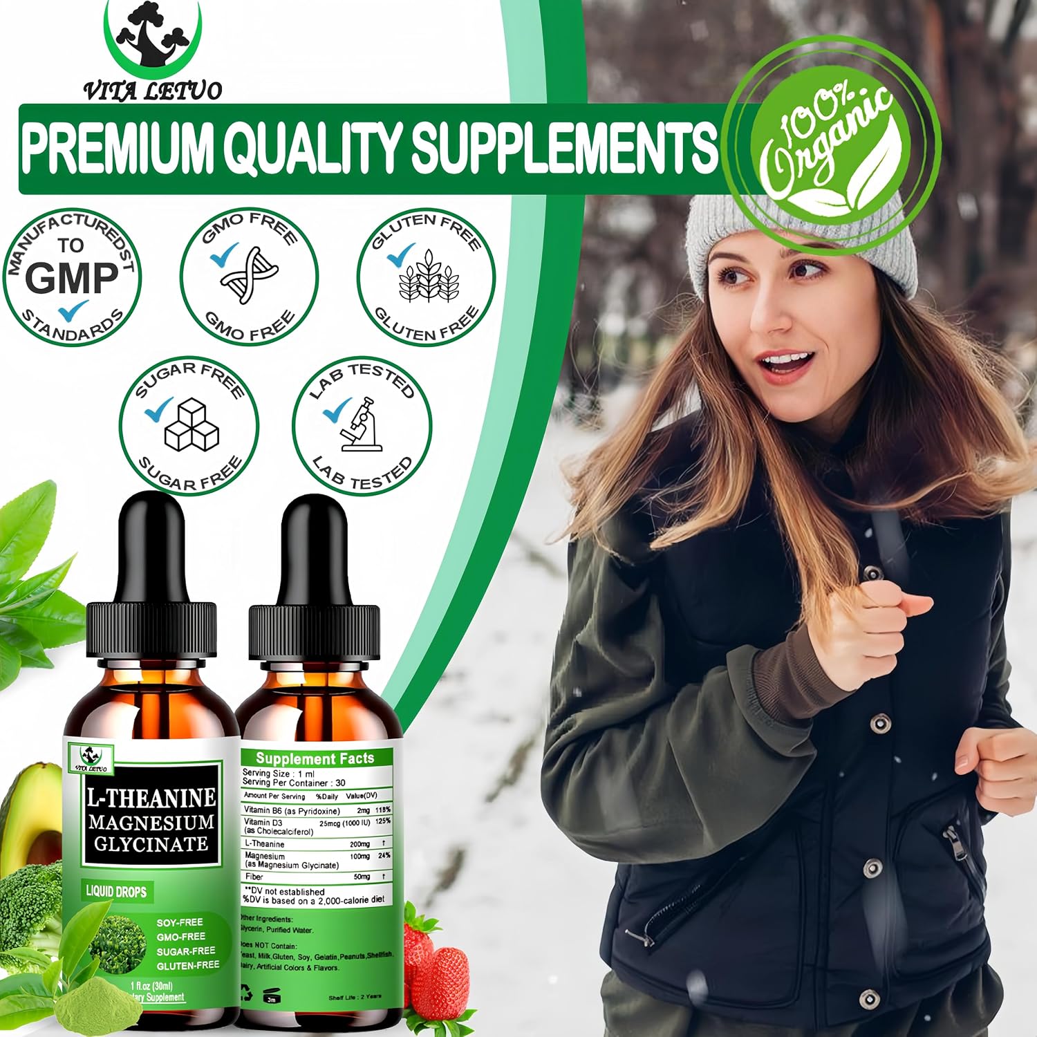 Vita letuo L-Theanine Drops 200mg con Magnesio Glicinato, Vitaminas y Fibra – Suplemento Líquido para la Relaxación y el Sueño